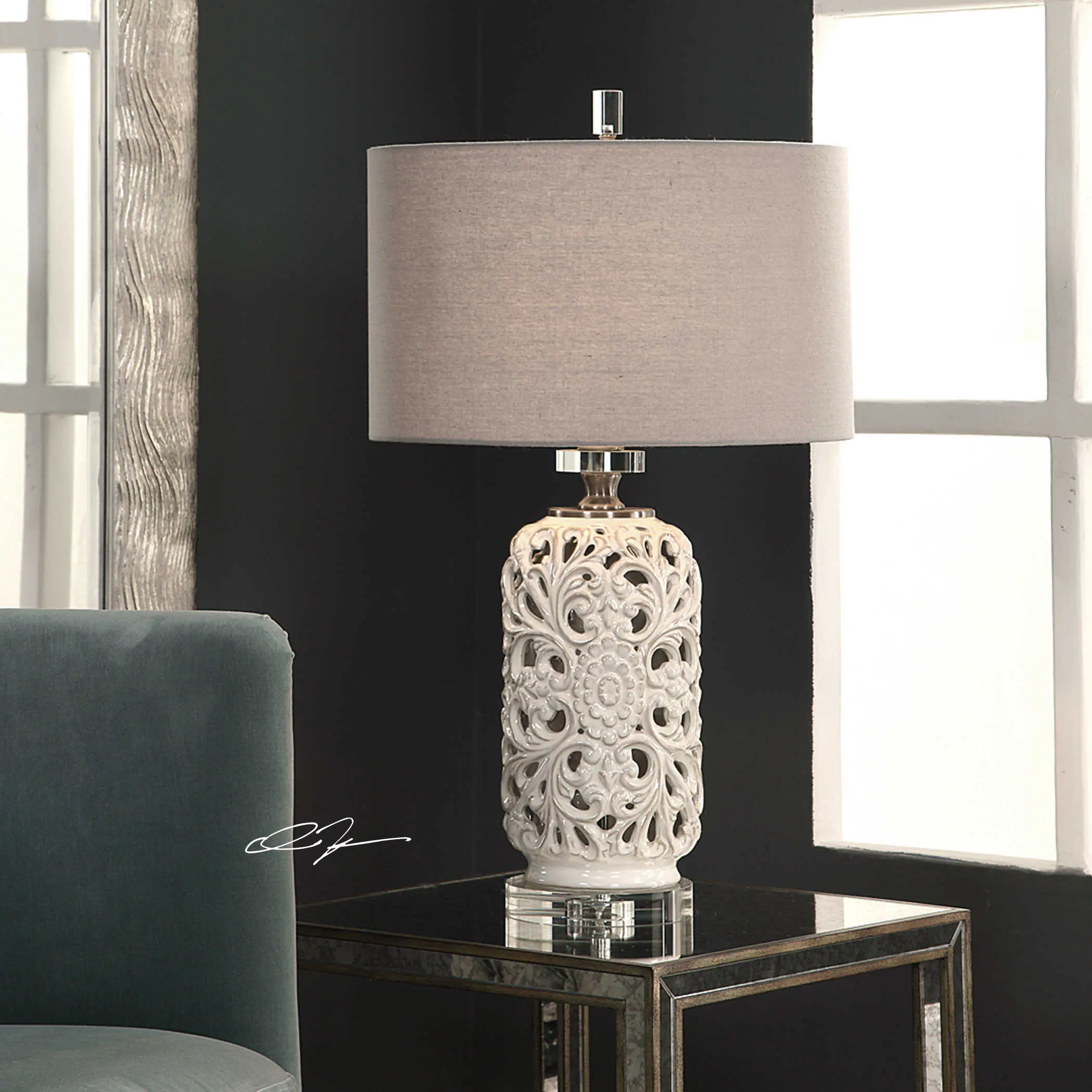 Pierced Ceramic Cream Table Lamp with Crystal Detailing-2