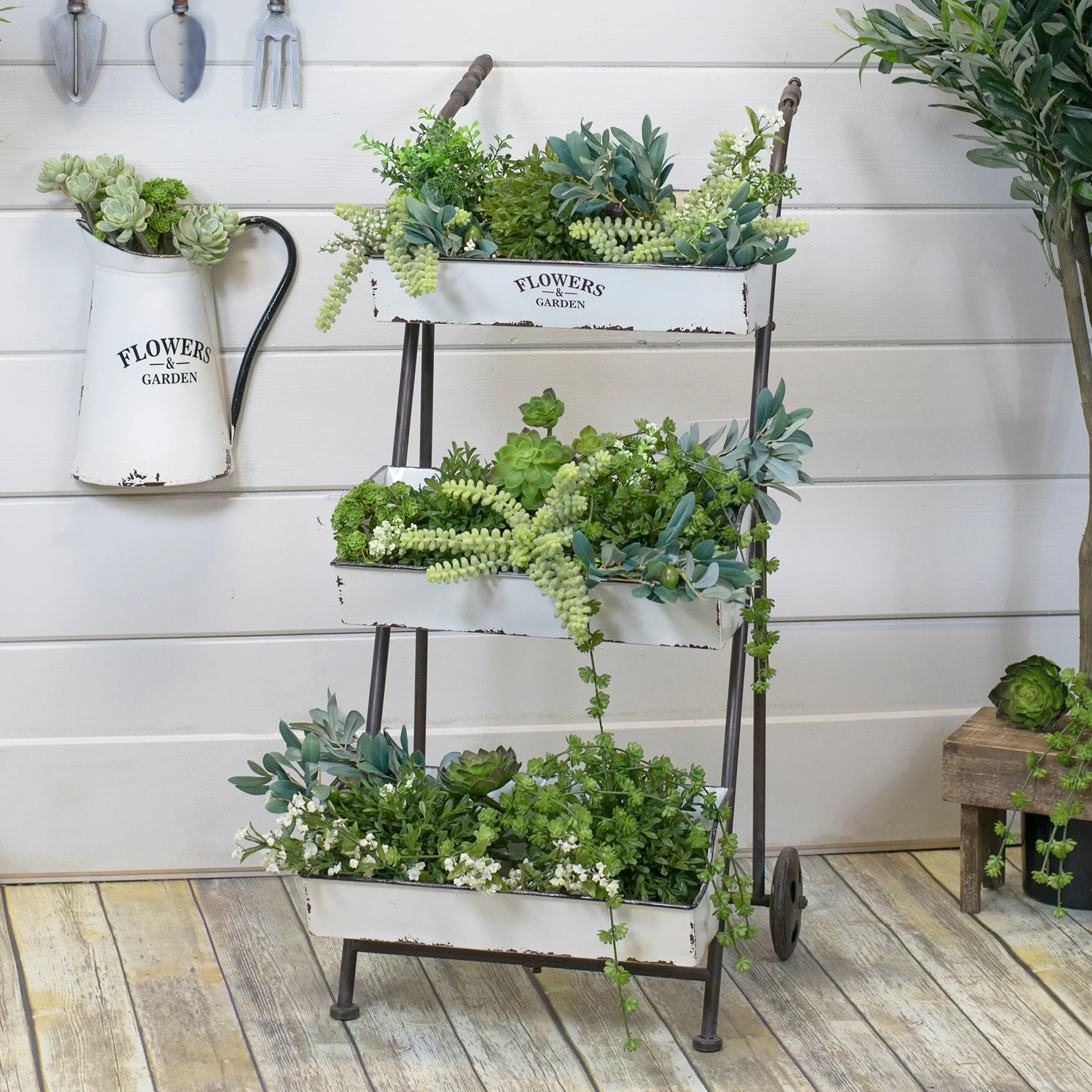 Distressed White and Black Metal 3 Tier Planter-2