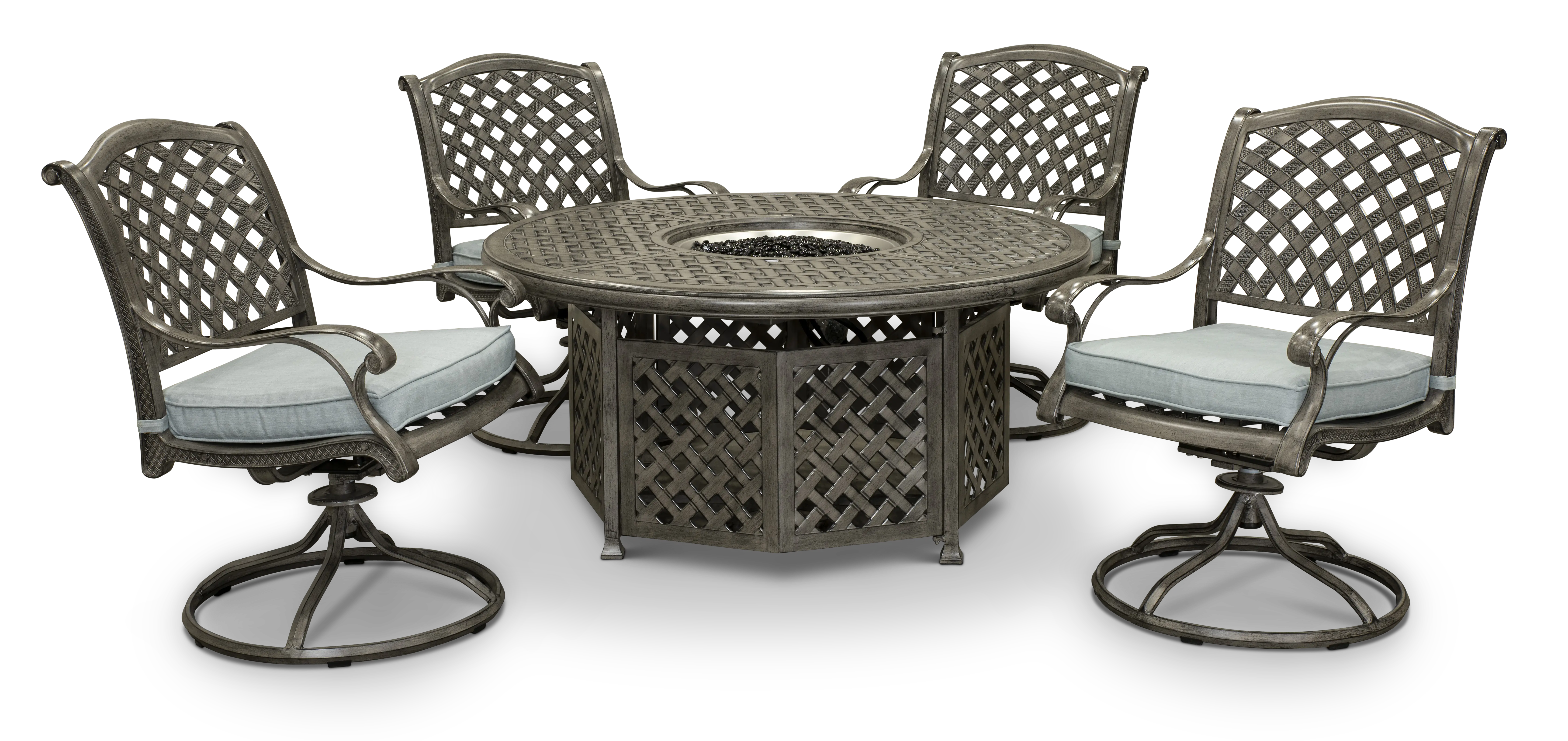 Macan 5 Piece Gray and Blue Swivel Chair and Fire Pit Patio Set-1