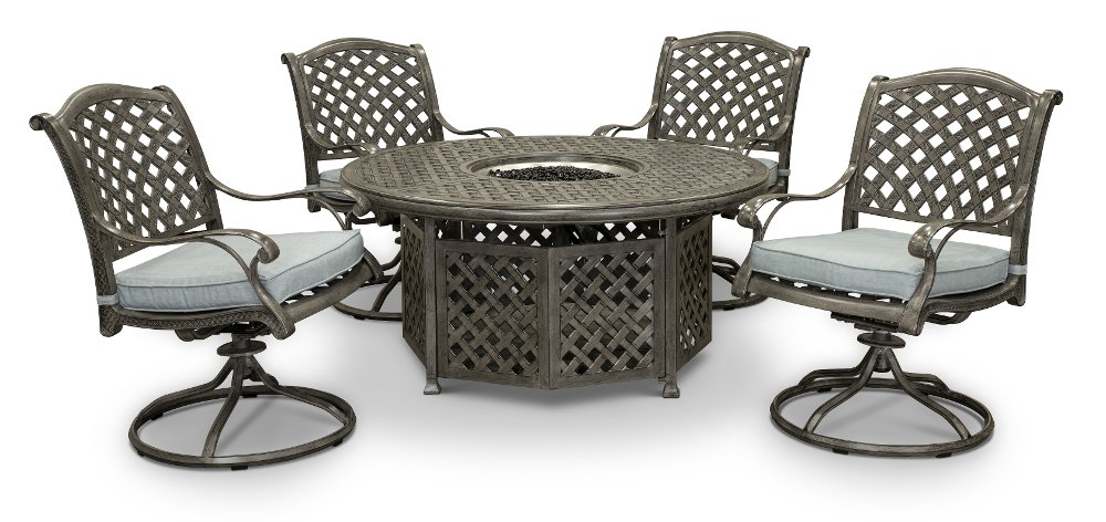 Macan 5 Piece Gray and Blue Swivel Chair and Fire Pit Patio Set