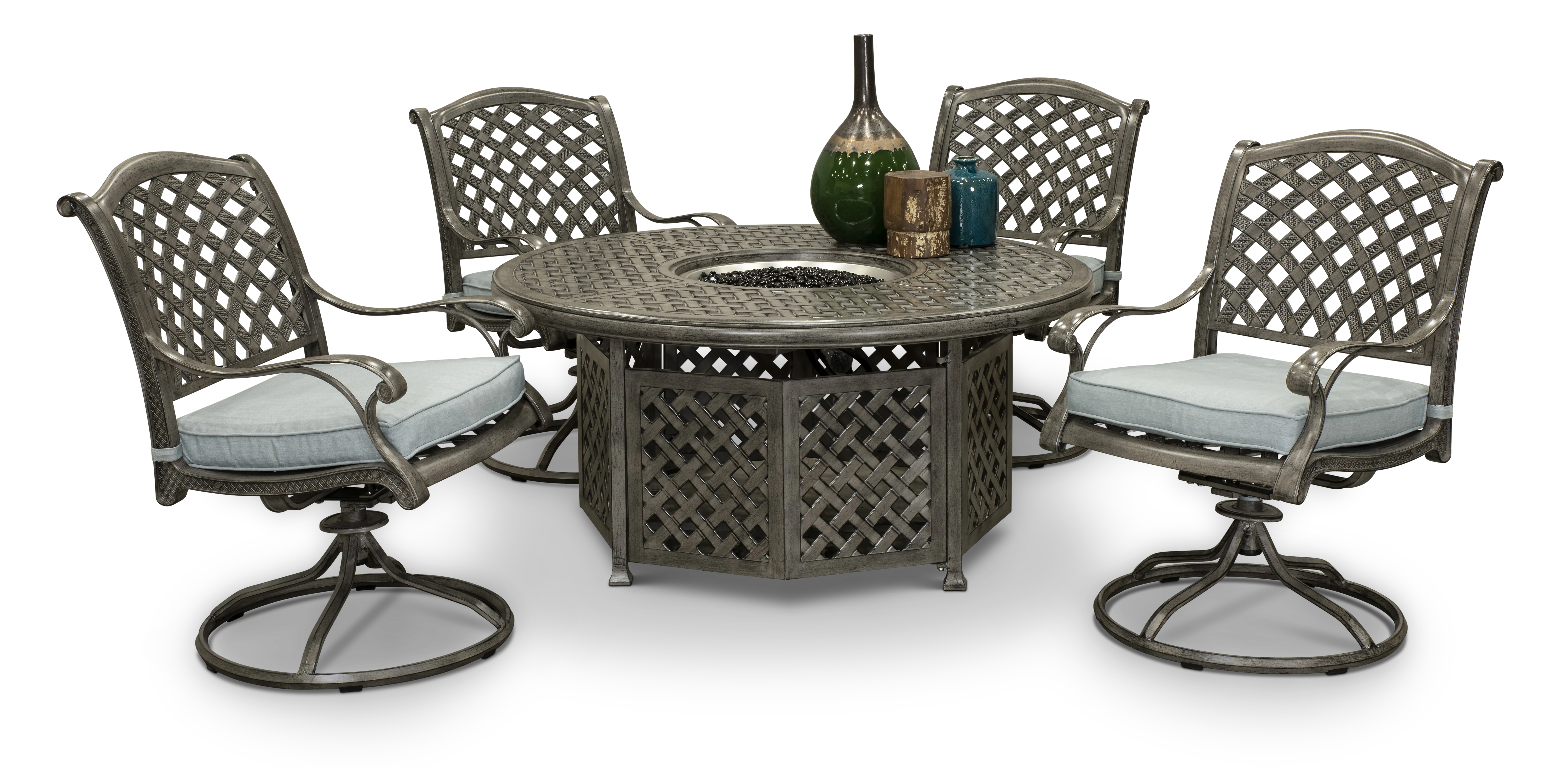 Macan 5 Piece Gray and Blue Swivel Chair and Fire Pit Patio Set-2