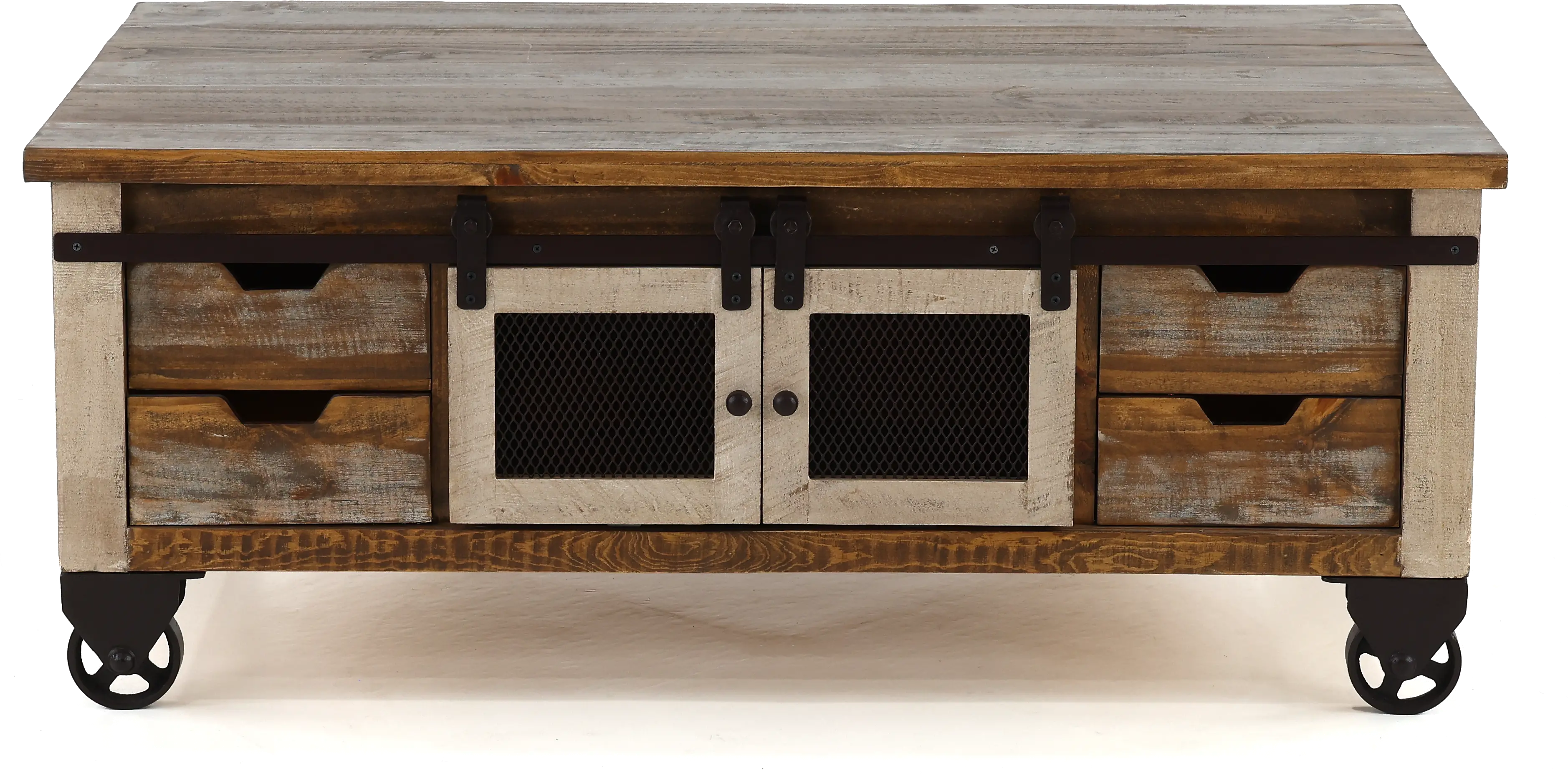 Antique Pine Rustic Pine Coffee Table with Iron Accents-1