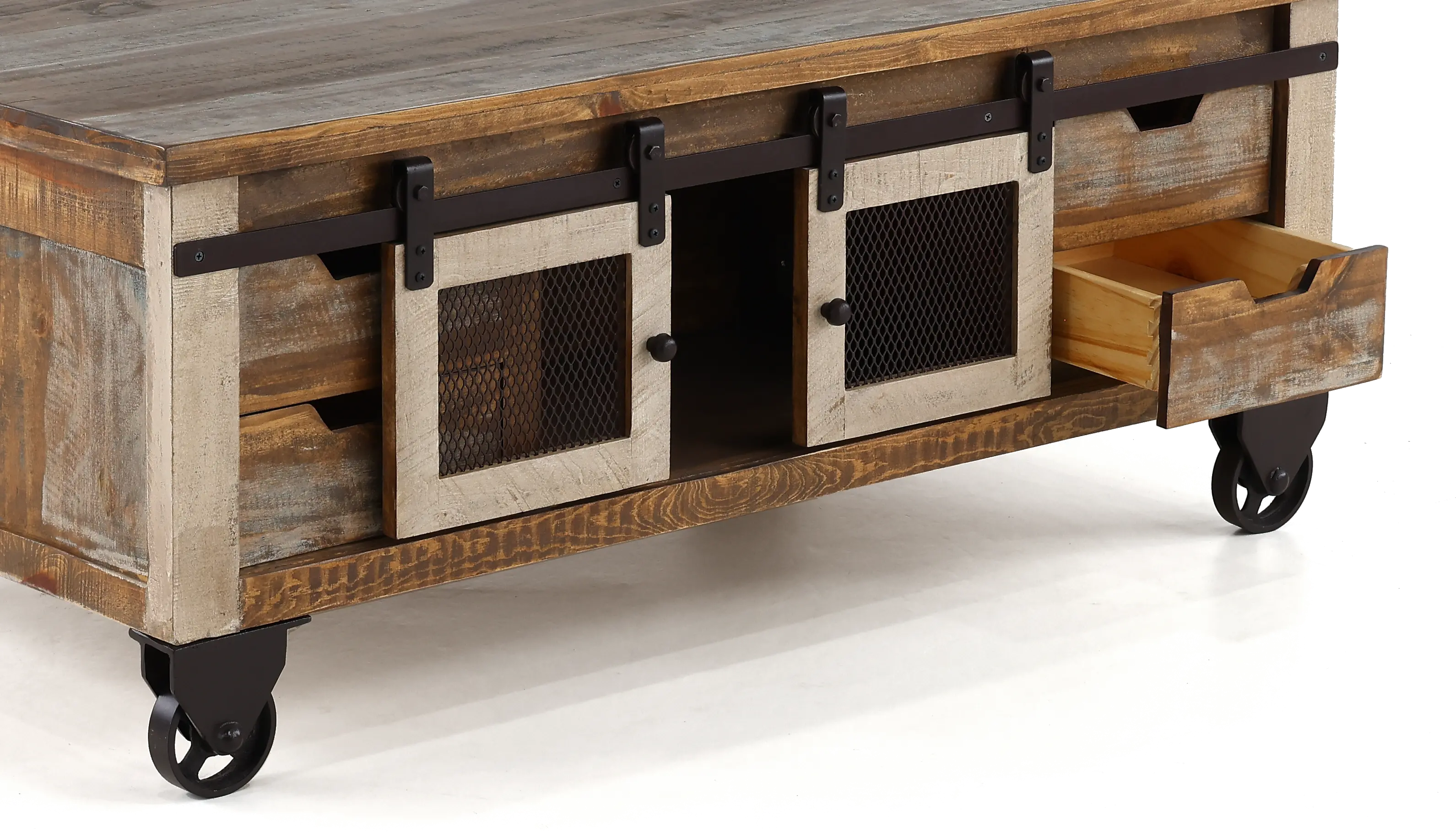 Antique Pine Rustic Pine Coffee Table with Iron Accents-4