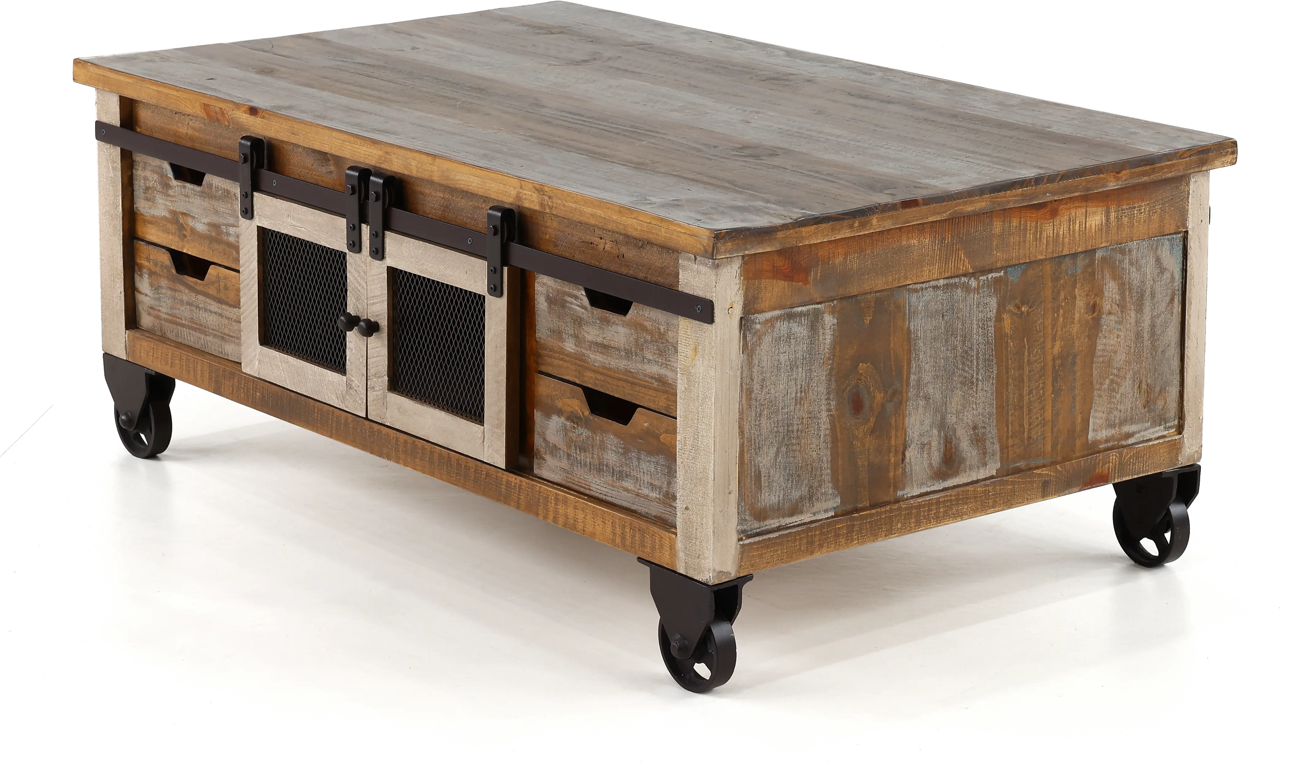 Antique Pine Rustic Pine Coffee Table with Iron Accents-7