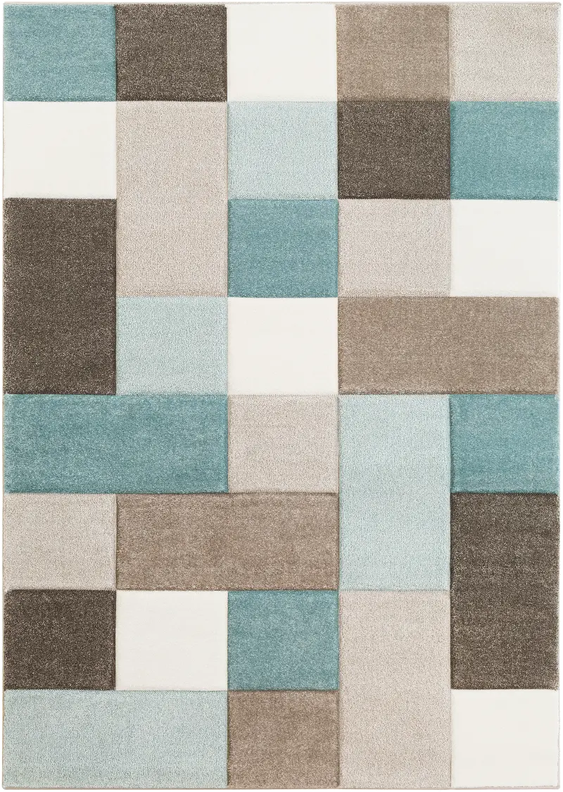 Santa Monica 8 x 10 Taupe and Aqua Color Block Area Rug