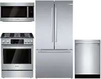 .BOSC-S/S-4PC-GASPKG Bosch 4 Piece Gas Kitchen Appliance Package with Counter Depth Refrigerator - Stainless Steel