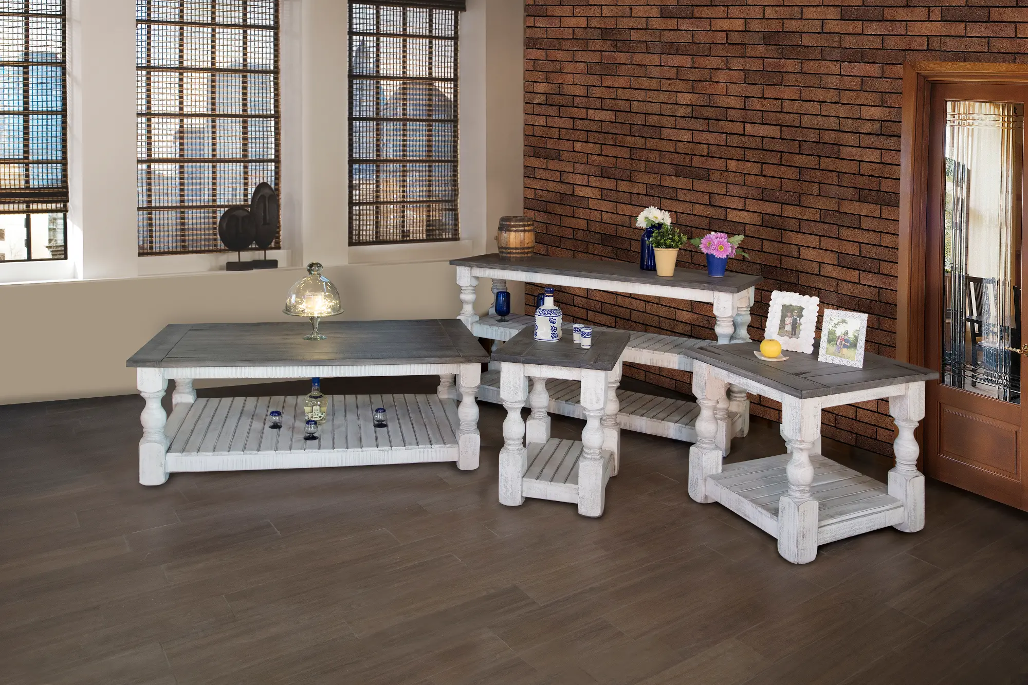 White wooden outdoor bench with three shelves and dark top, rustic style