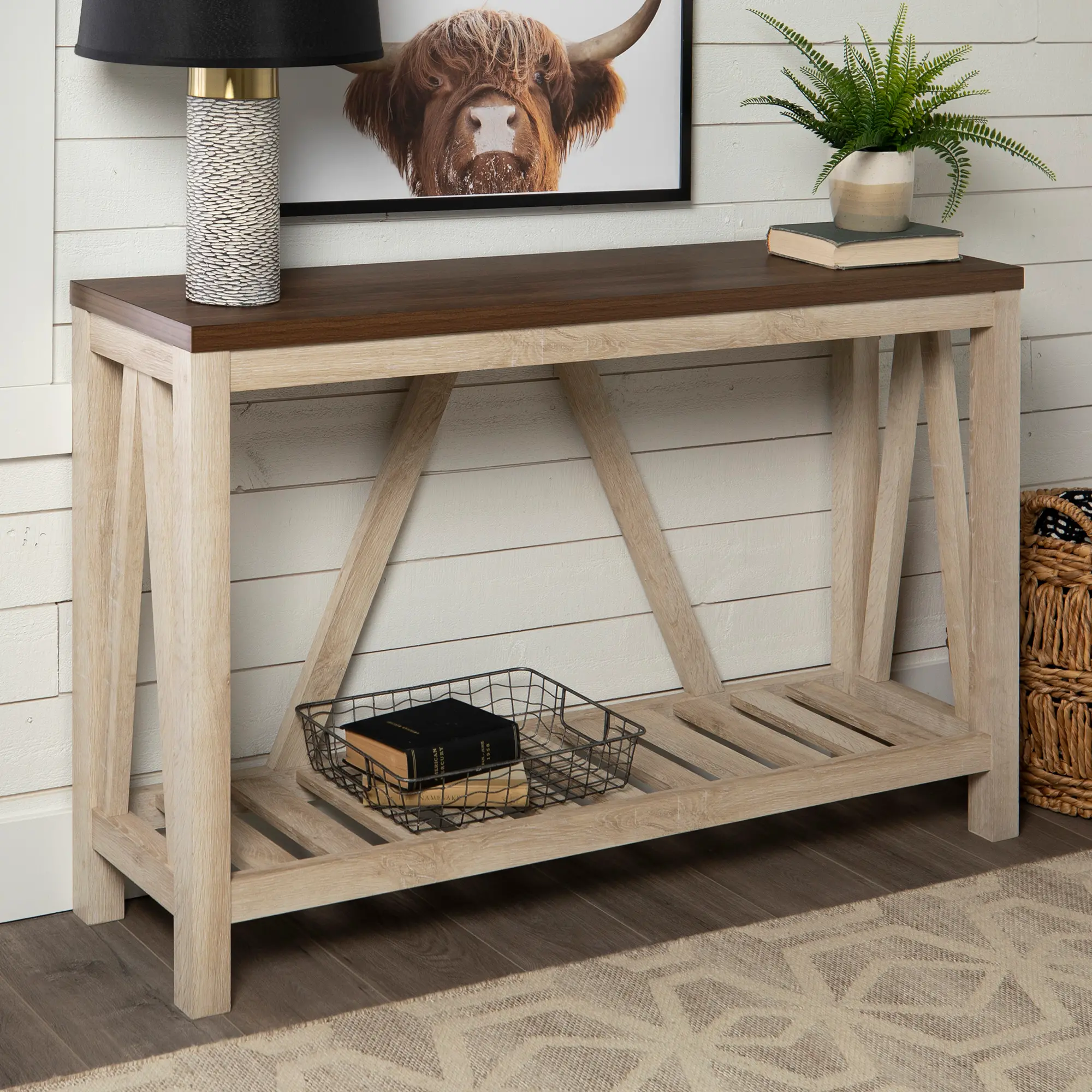 AF52AFTWWO 52 Inch Dark Walnut and White Oak Rustic Entryway Sofa Table - Walker Edison-3