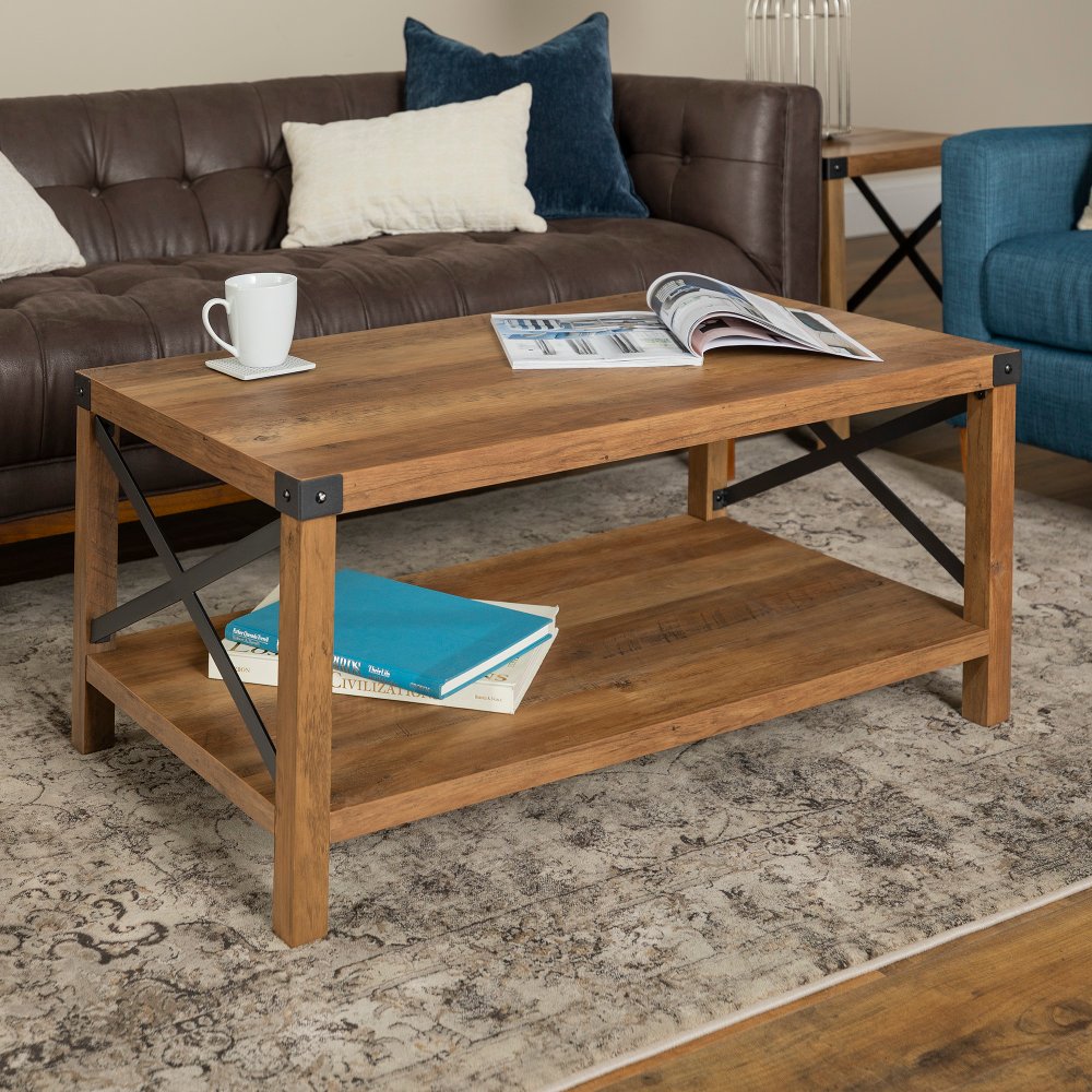 Metal X Rustic Oak Wood Coffee Table - Walker Edison