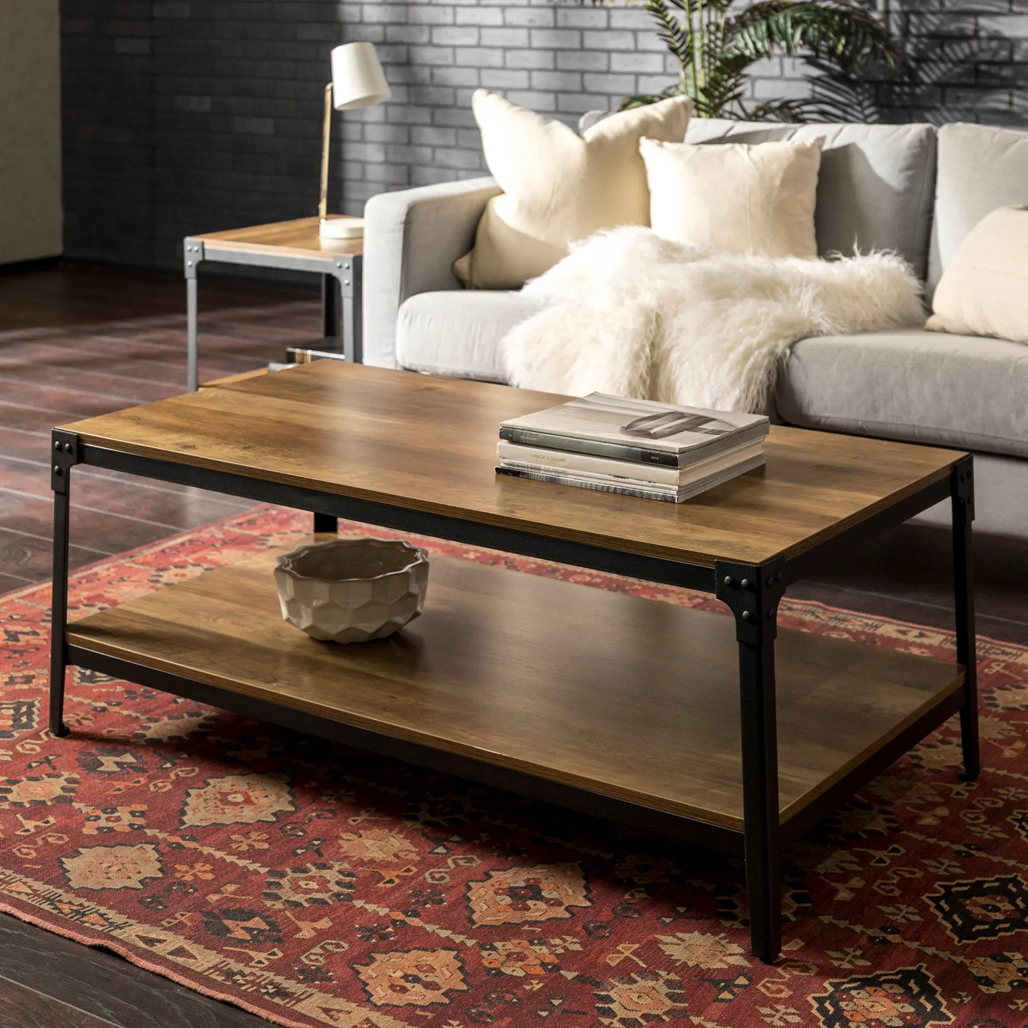 C46AICTRO Angle Iron Rustic Oak Wood Coffee Table - Walker Edison-2
