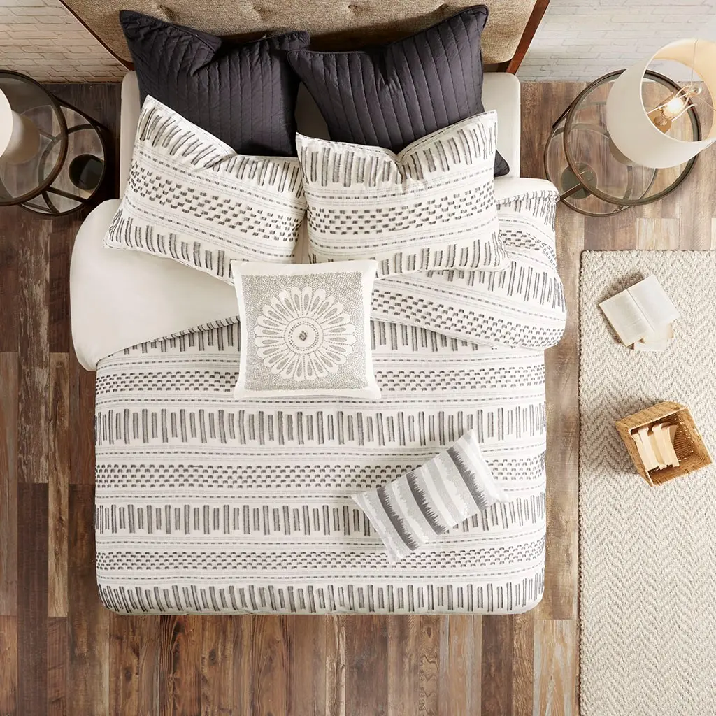 Natural White and Charcoal King Rhea 3 Piece Bedding Collection-2