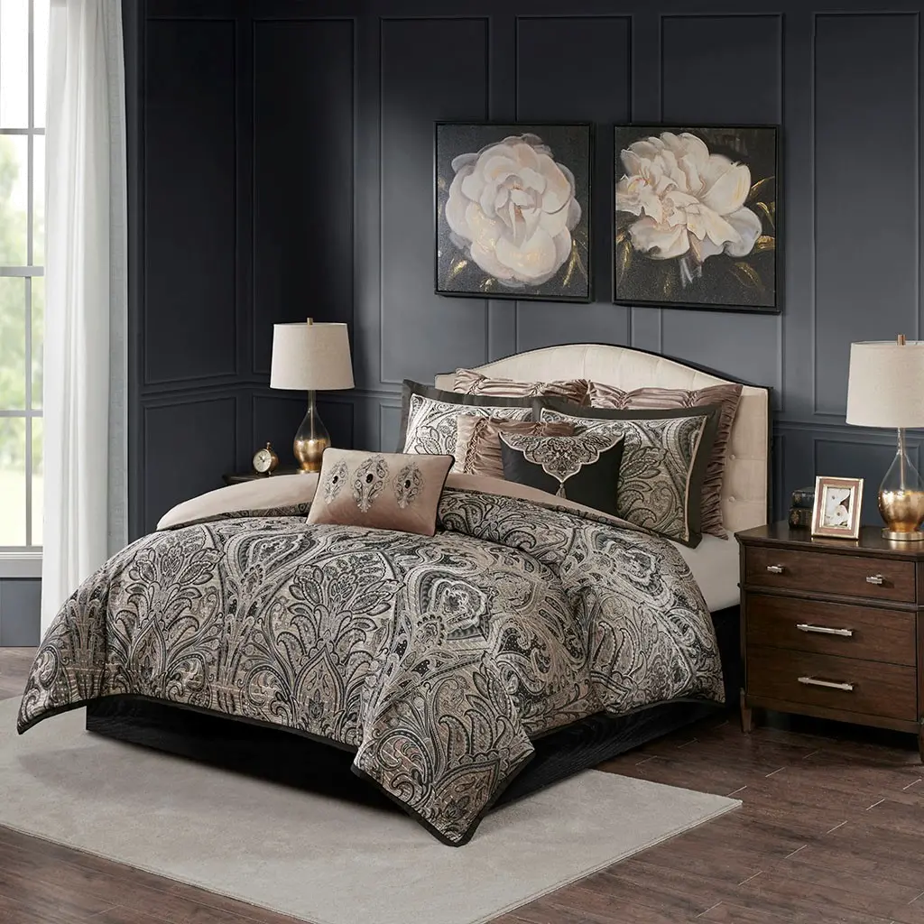 Dark Charcoal and Tan Queen Grandover 8 Piece Bedding Collection-2