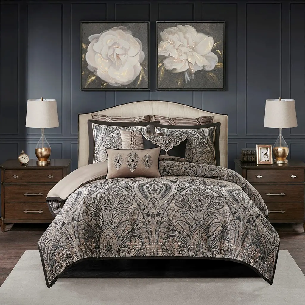 Dark Charcoal and Tan Queen Grandover 8 Piece Bedding Collection-6