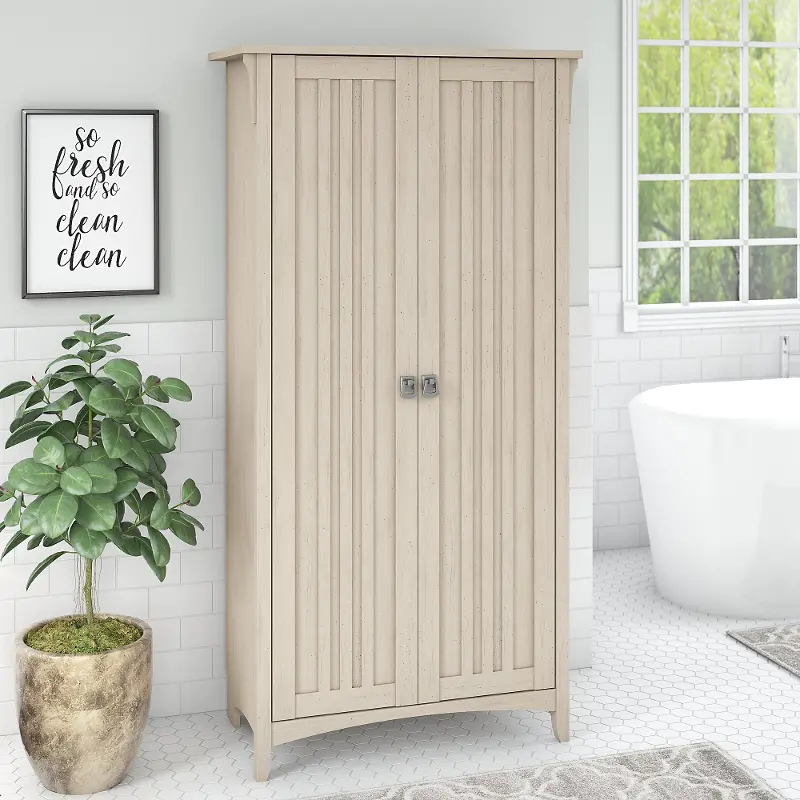 Salinas Antique White Tall Storage Cabinet - Bush Furniture