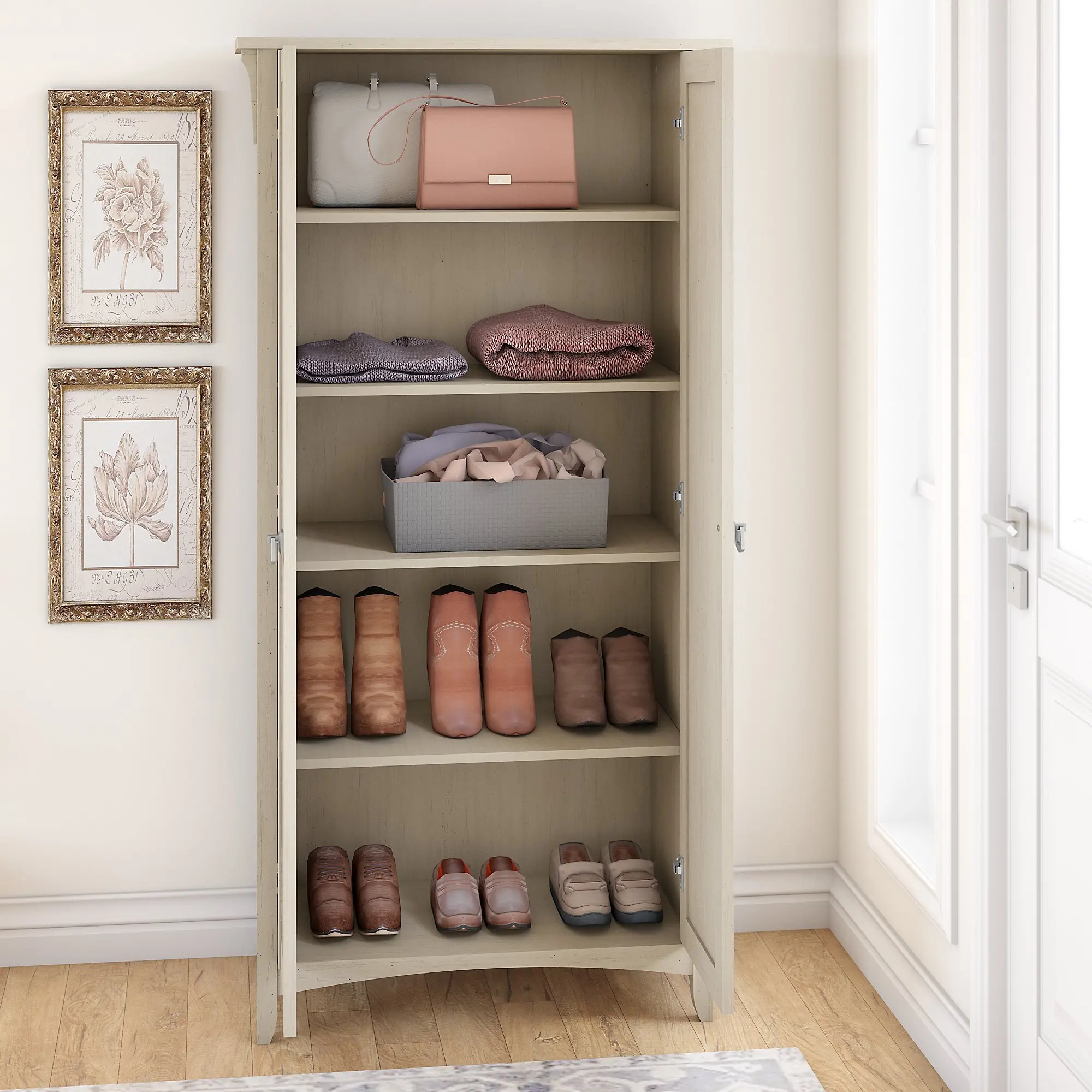 SAS332AW-03 Salinas Antique White Tall Storage Cabinet - Bush Furniture-4
