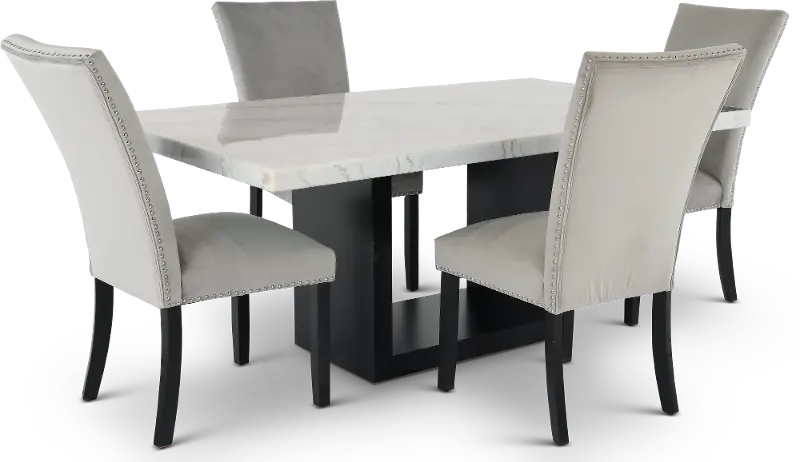 Valentino Marble 5 Piece Dining Set with Gray Velvet Chairs