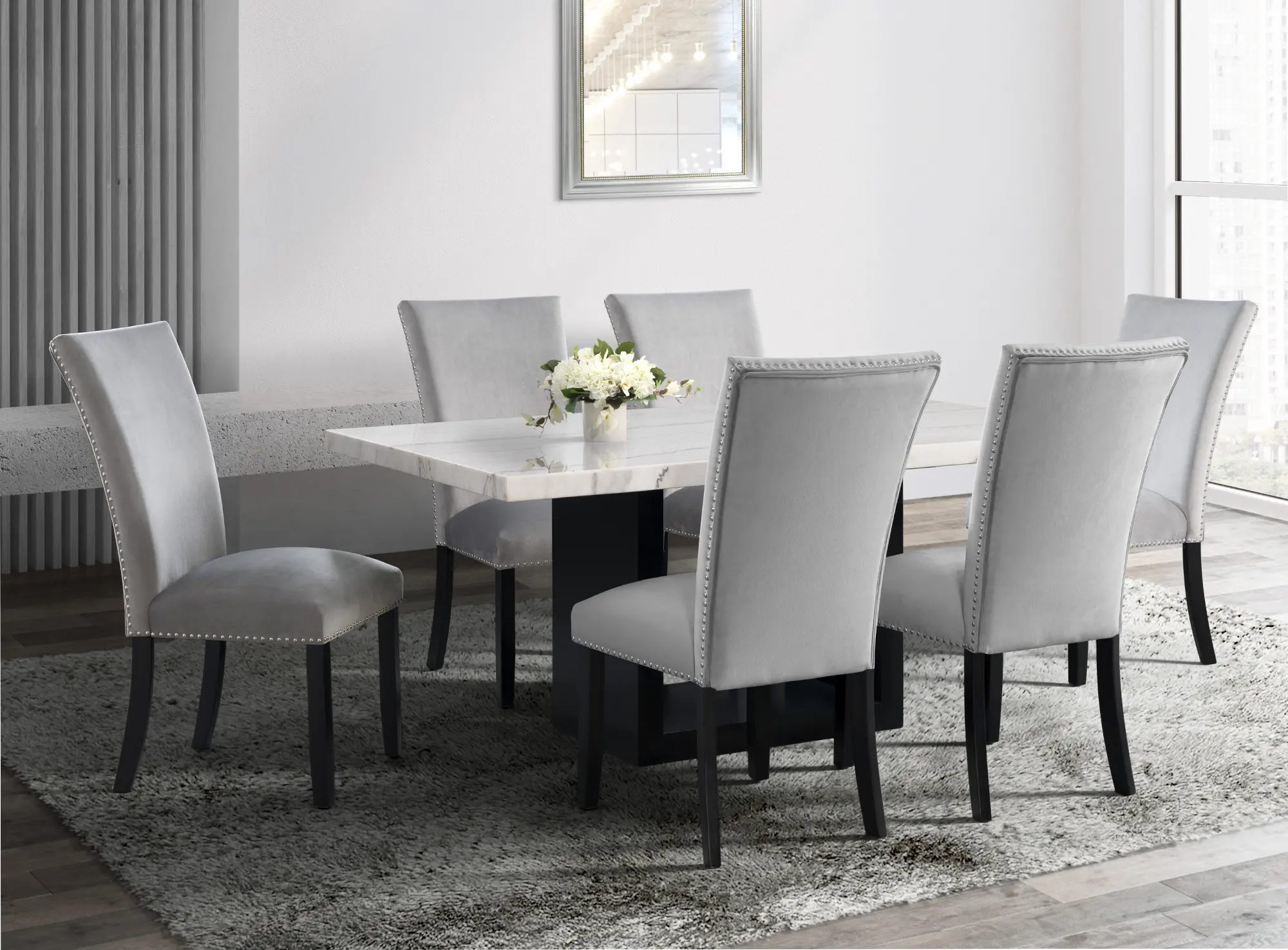 Valentino Marble 5 Piece Dining Set with Gray Velvet Chairs-2