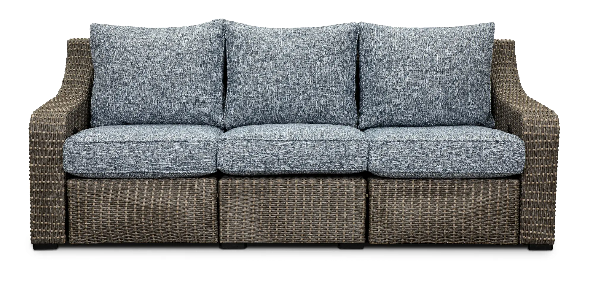 Lemans Brown and Gray Wicker Patio Motion Sofa with Blue Cushions-1