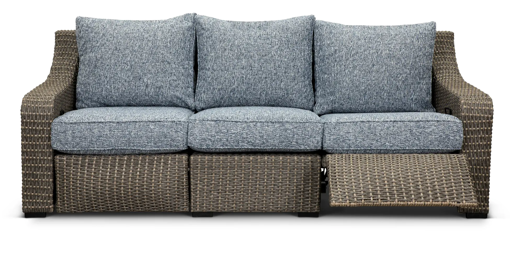 Lemans Brown and Gray Wicker Patio Motion Sofa with Blue Cushions-3