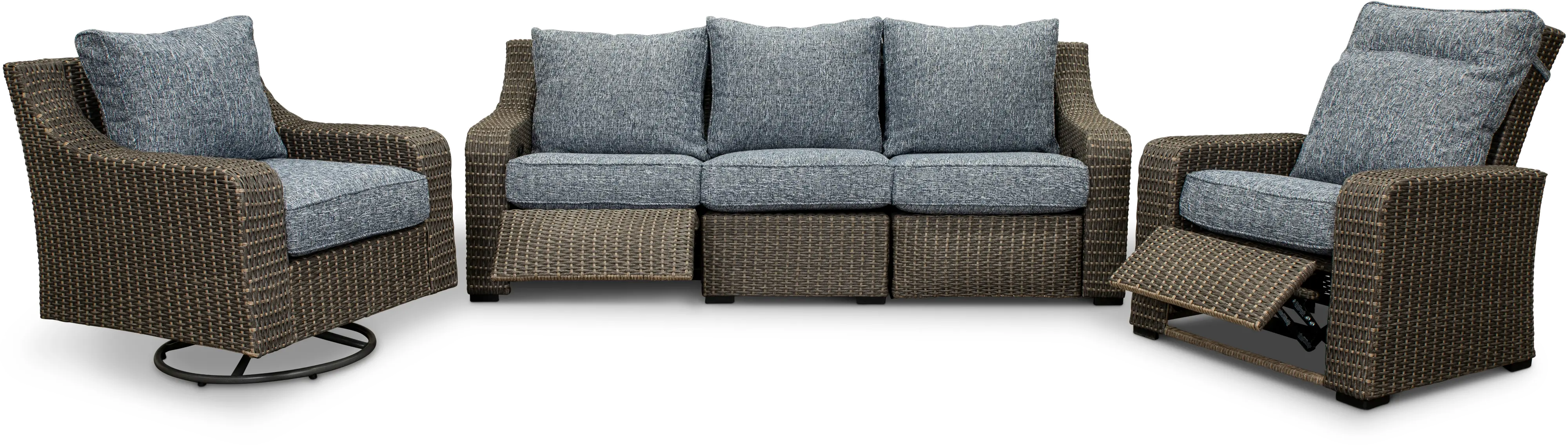 Lemans Brown and Gray Wicker Patio Motion Sofa with Blue Cushions-4