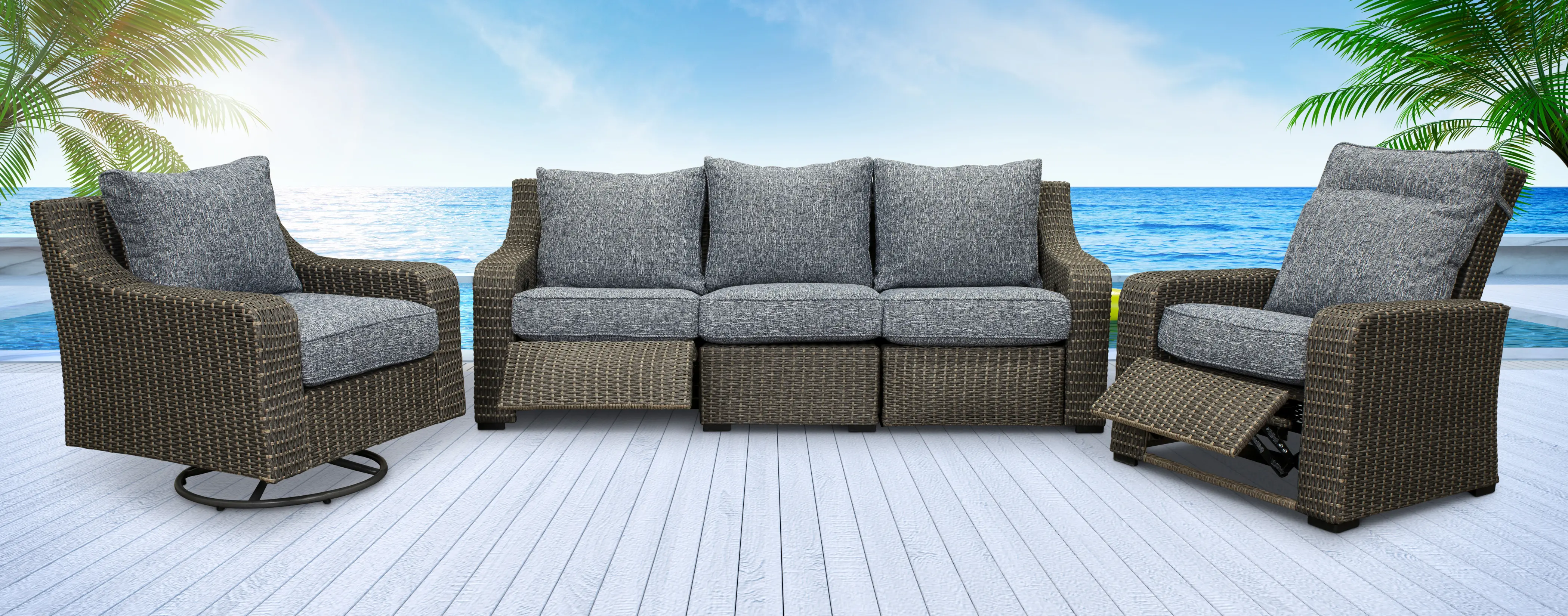 Lemans Brown and Gray Wicker Patio Motion Sofa with Blue Cushions-2