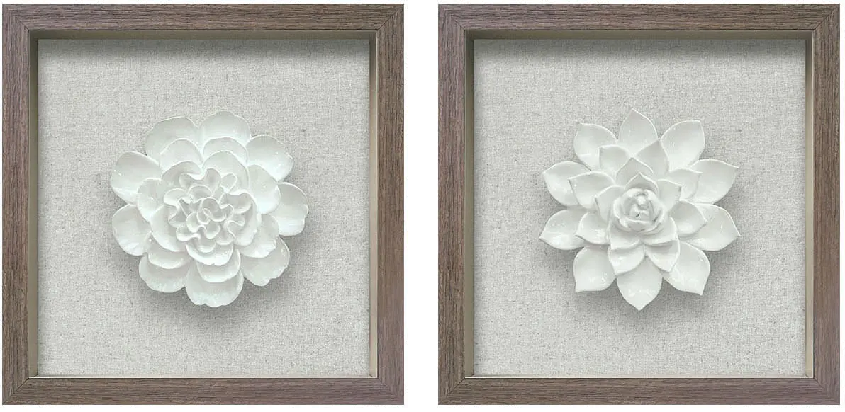 White Ceramic Flower Shadow Box Framed Wall Decor - Set of 2-1