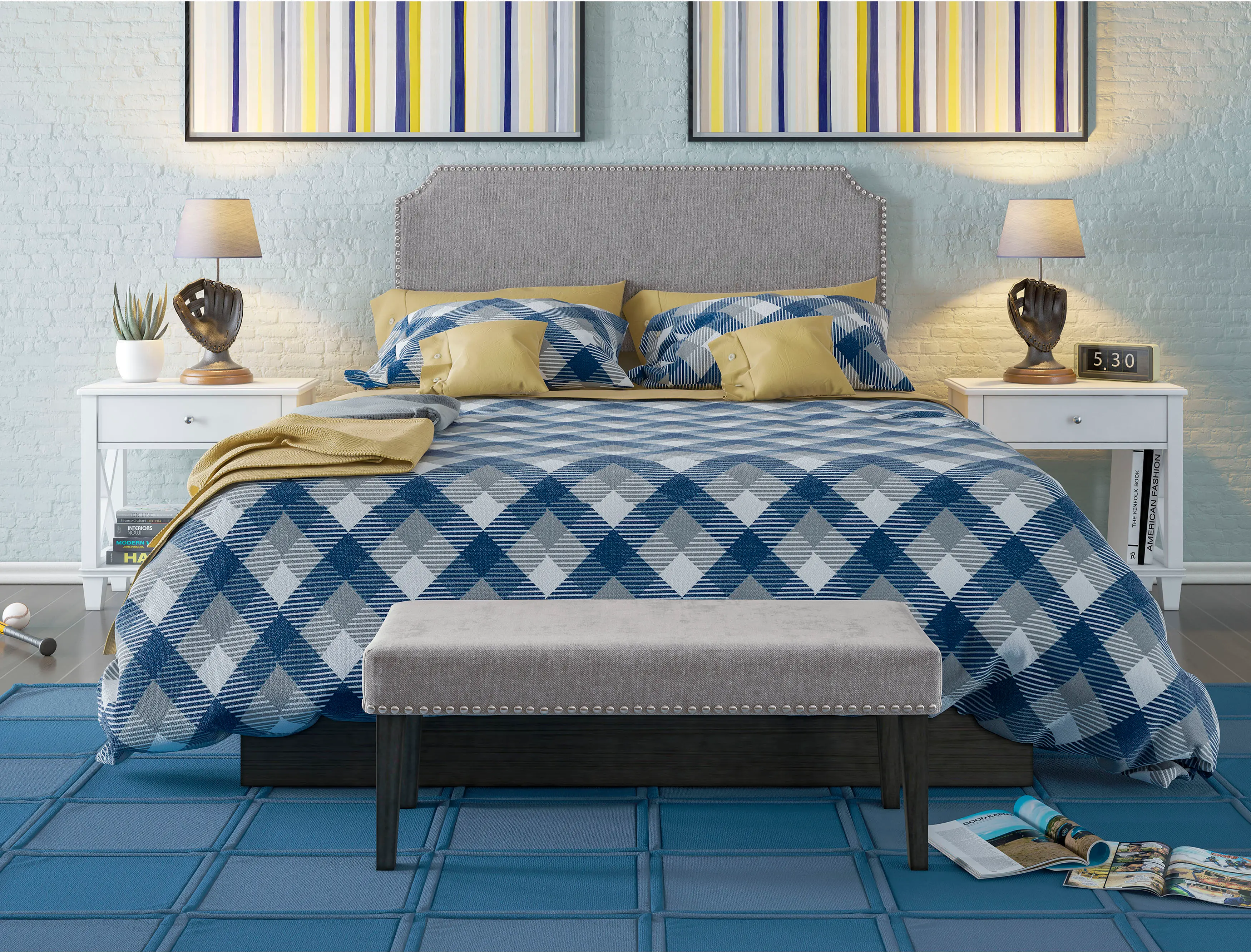 Modern Eclectic Gray Queen Upholstered Headboard and Bench Set-2