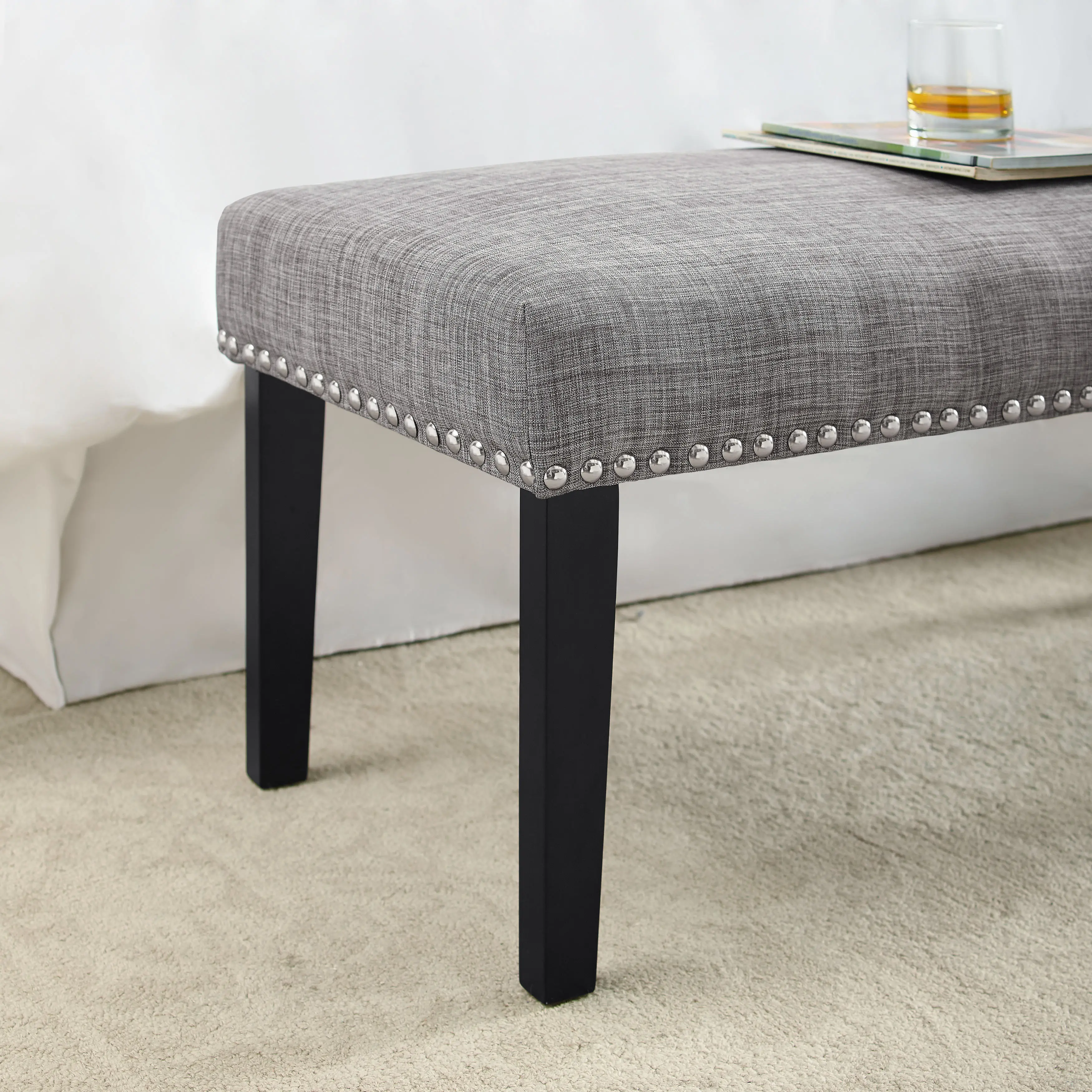 Modern Eclectic Gray Queen Upholstered Headboard and Bench Set-3