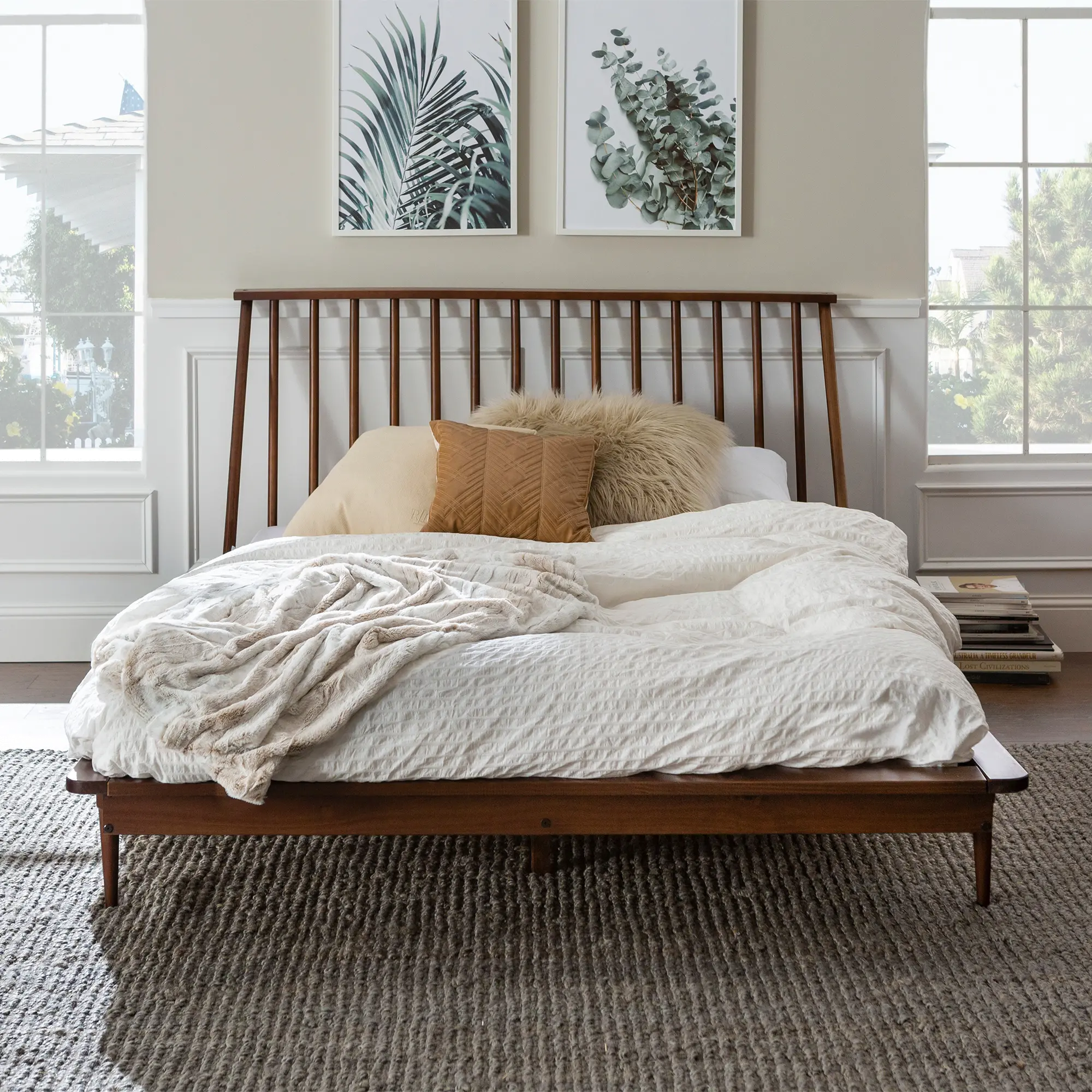 BQSPINWT Modern Walnut Brown Queen Spindle Platform Bed - Walker Edison-1