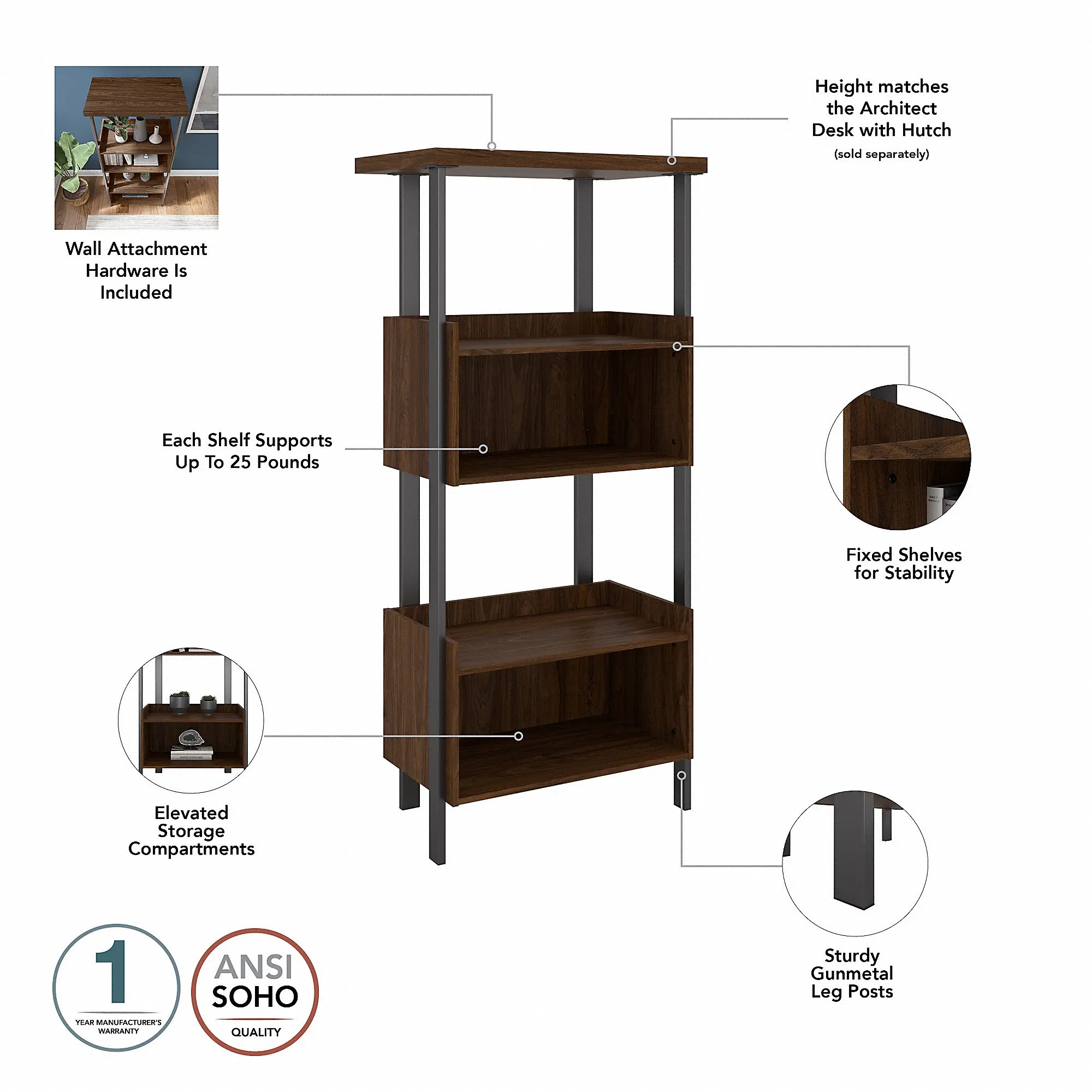 ACB131MW-03 Modern Walnut 4 Shelf Bookcase  - Architect-5