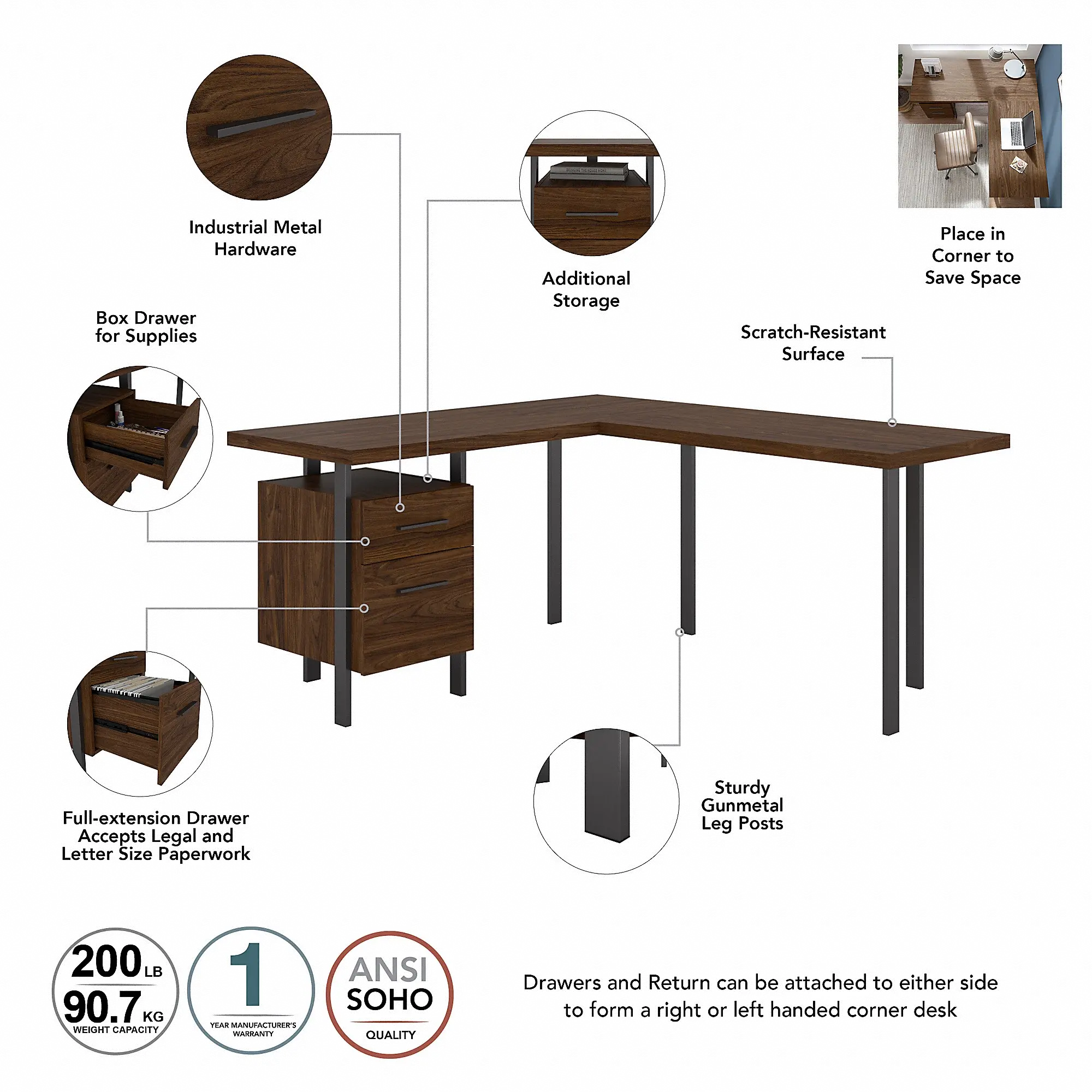 ACD260MW-03K Modern Walnut 60 inch L Shaped Desk with Drawers - Architect-5
