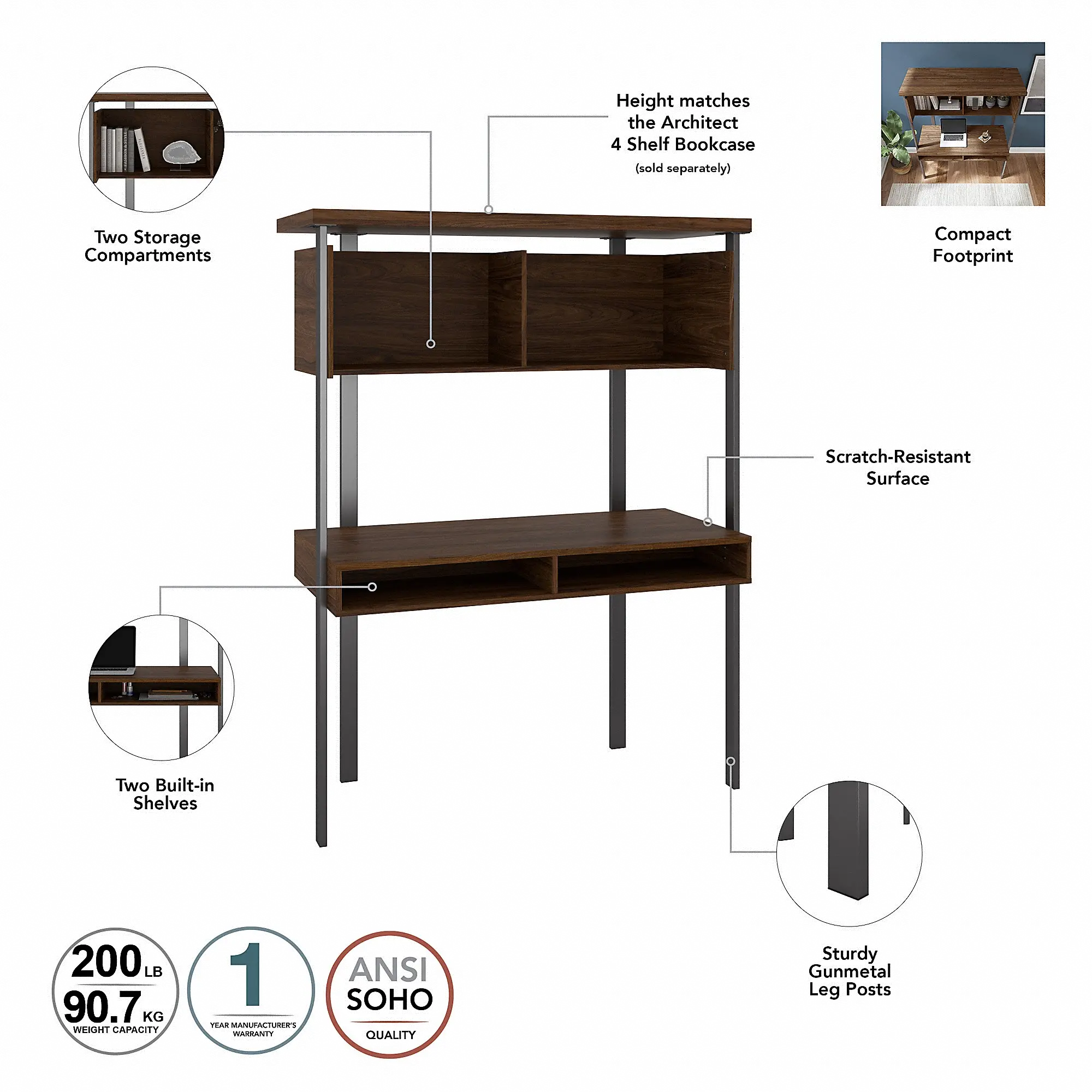 ACU152MW-03 Walnut Small Computer Desk with Hutch - Bush Furniture-6
