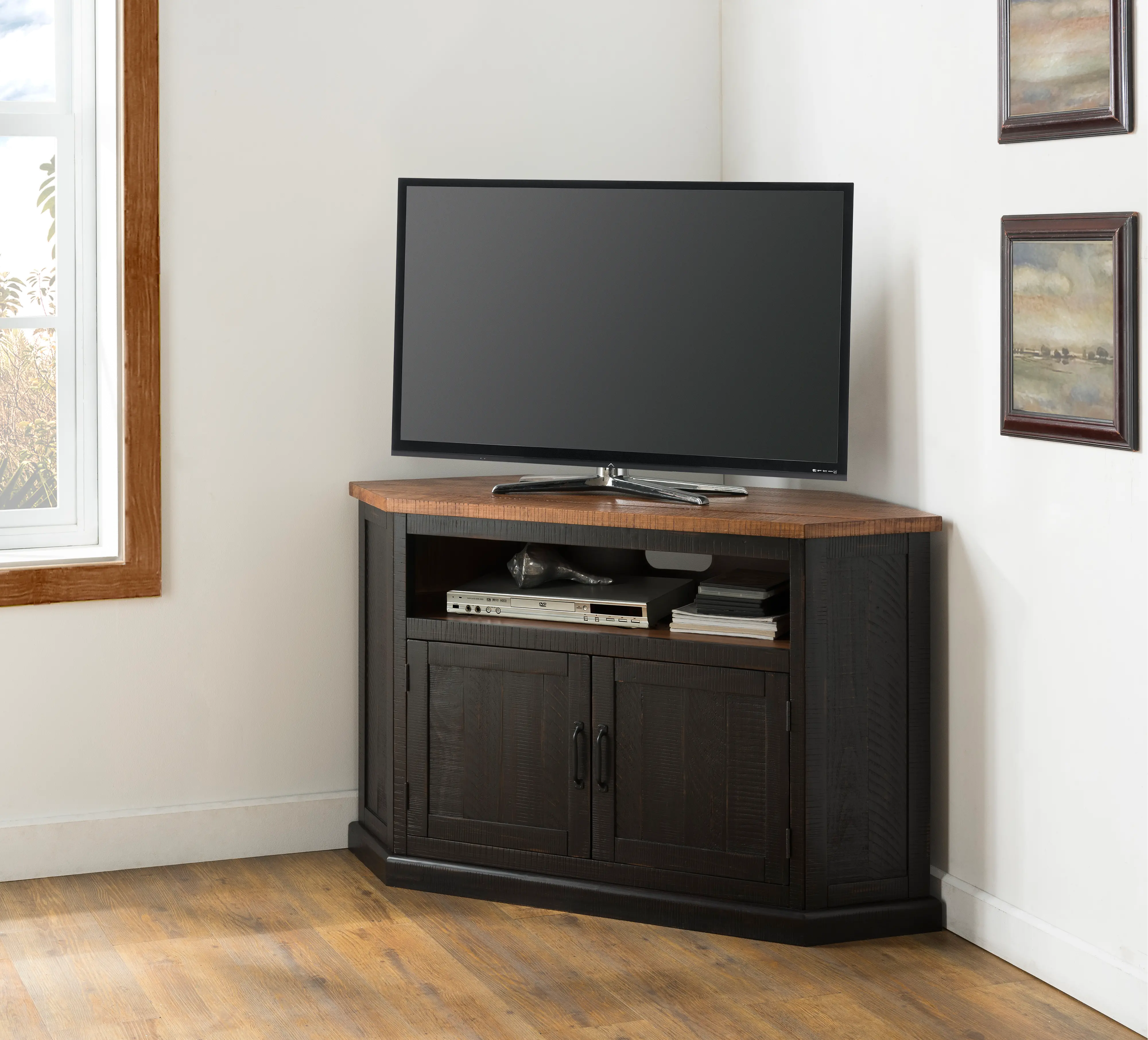 Black and Honey Pine Corner TV Stand-2