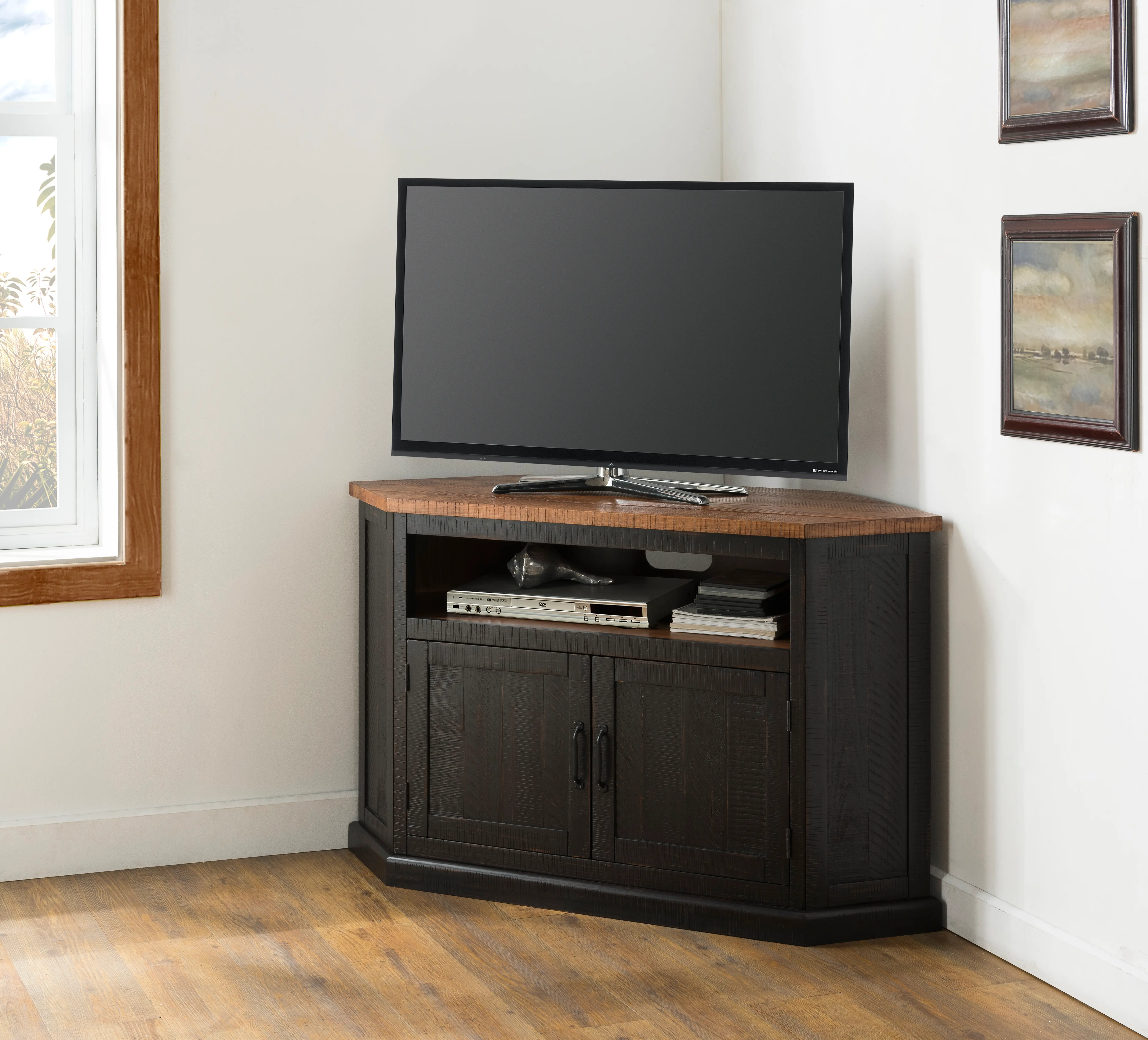 Black and Honey Pine Corner TV Stand-1