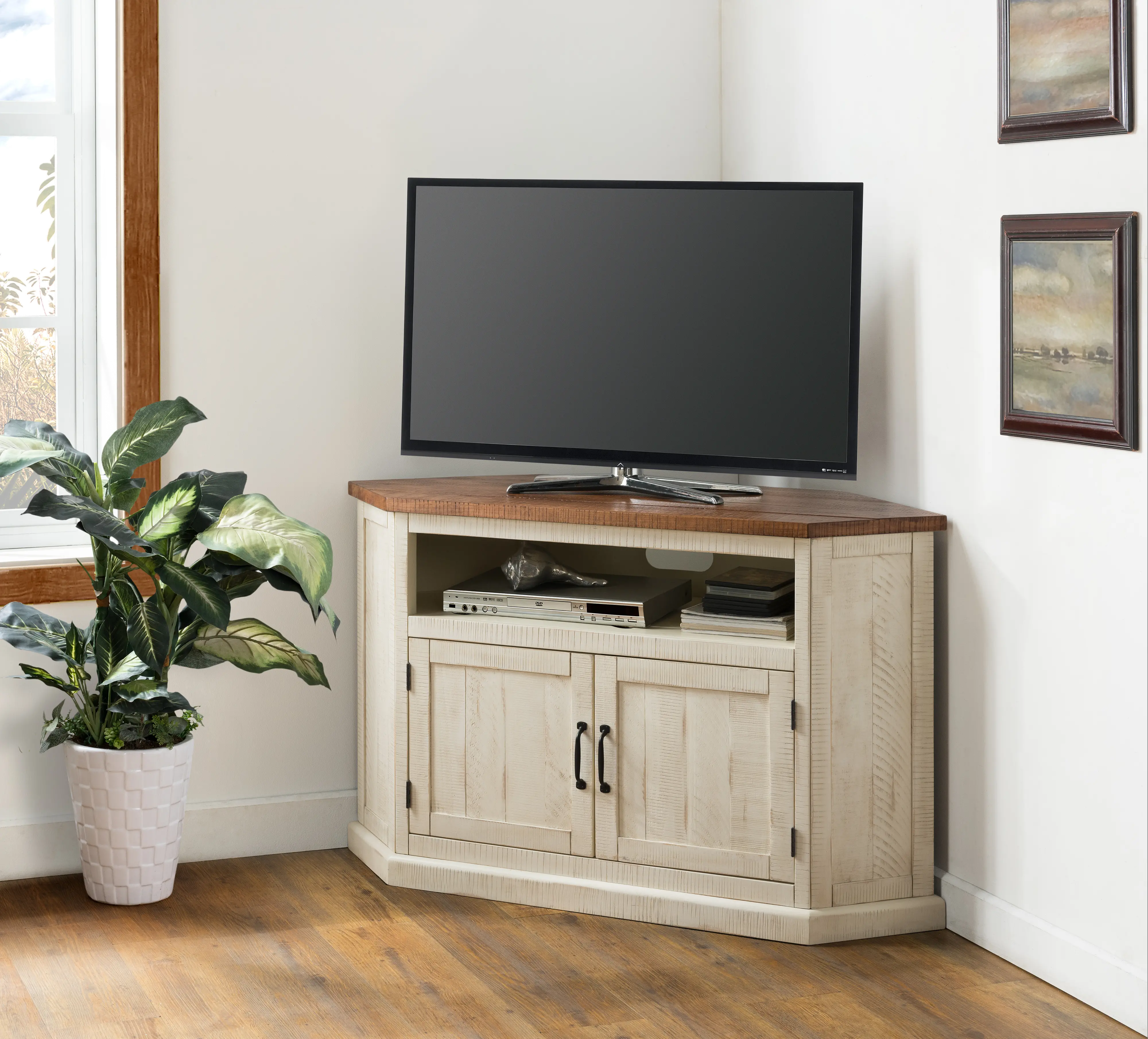 Antique White and Pine Corner TV Stand-2
