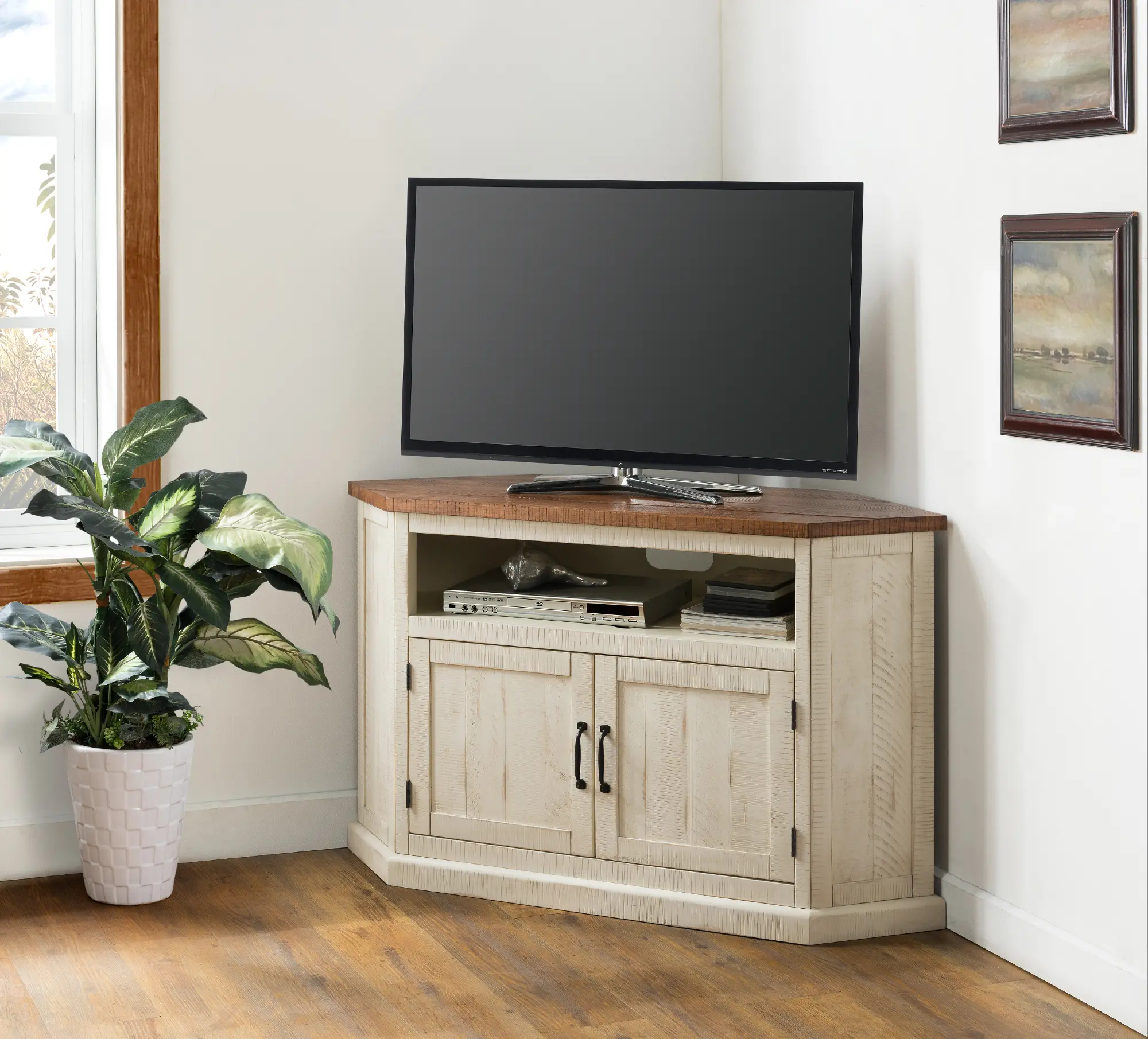 Antique White and Pine Corner TV Stand | RC Willey