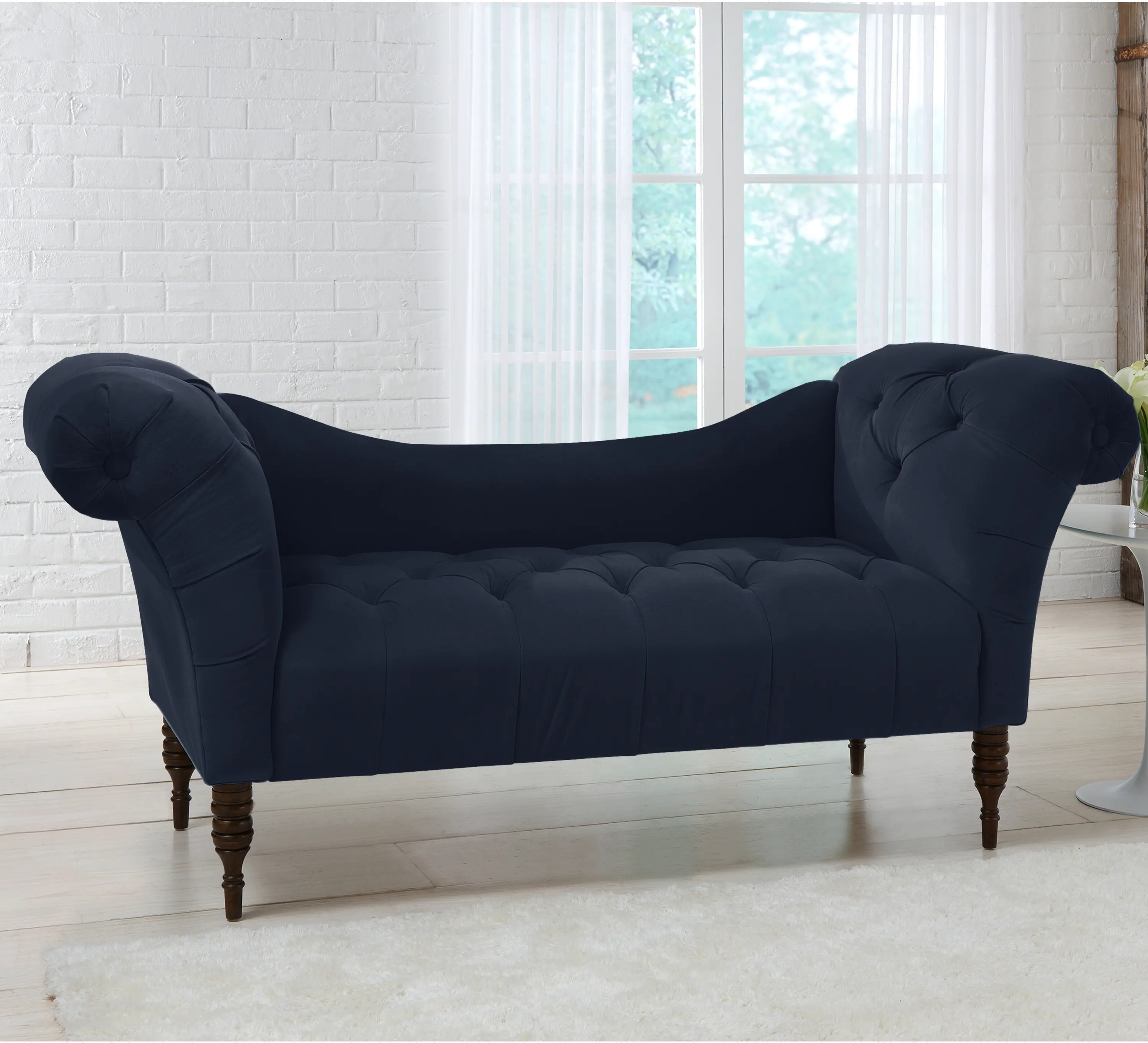 Edith Navy Blue Velvet Tufted Lounge Chaise - Skyline Edith Navy Blue Velvet Tufted Lounge Chaise - Skyline