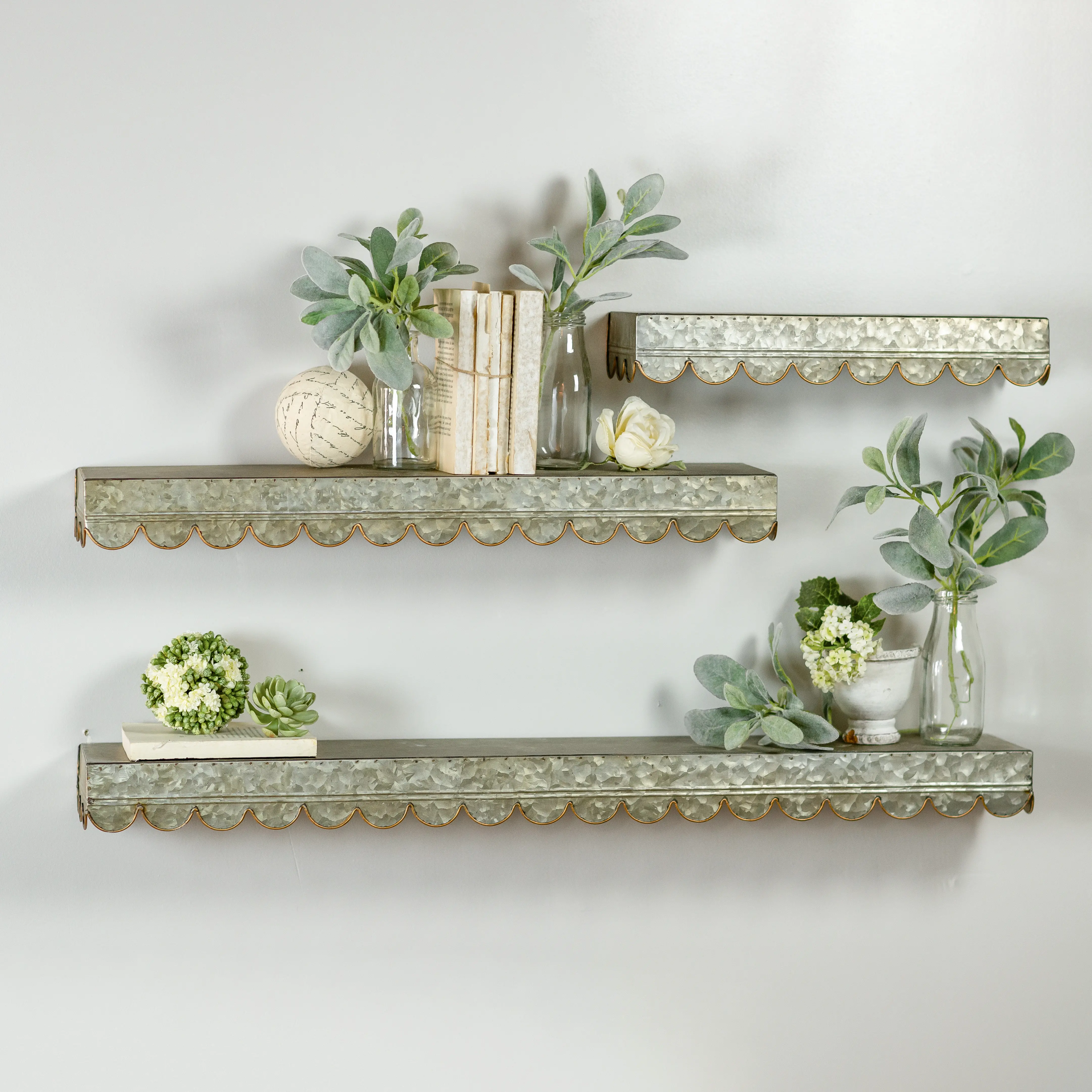 Galvanized Metal Wall Shelves with Scalloped Detailing - Set of 3-2