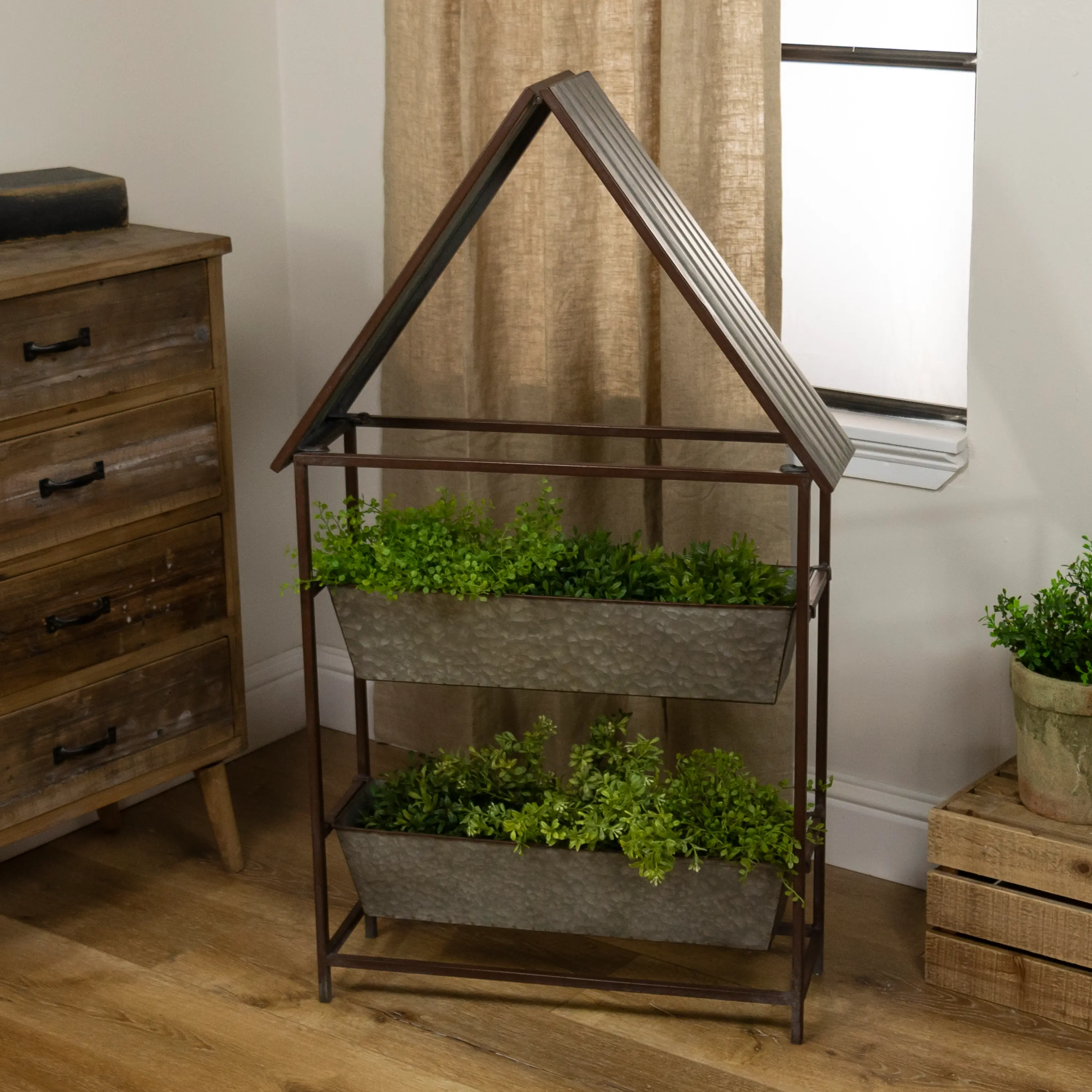 Two Tiered Metal Planter Boxes with Roof-2