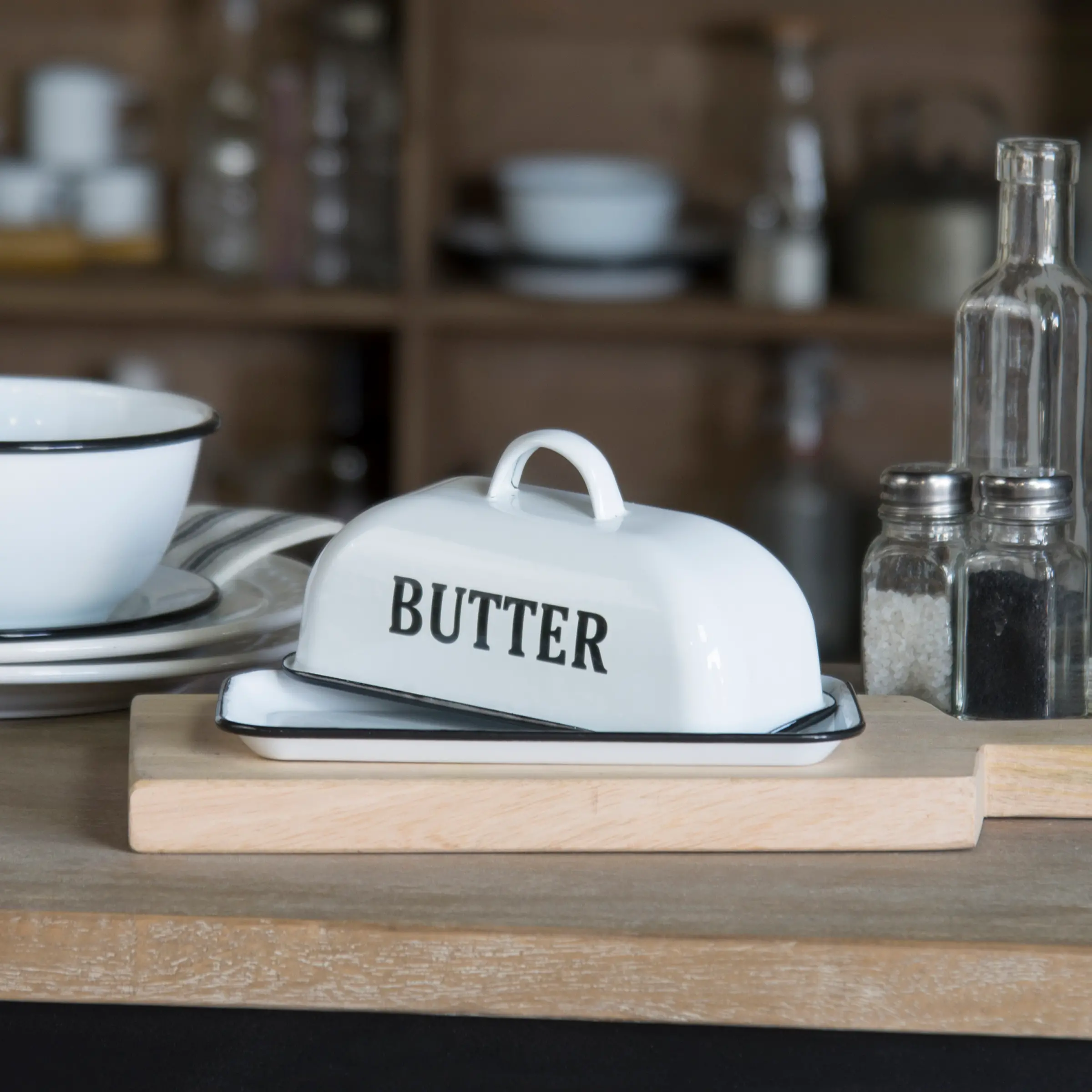 White Enamel Butter Dish with Black Lettering RC Willey