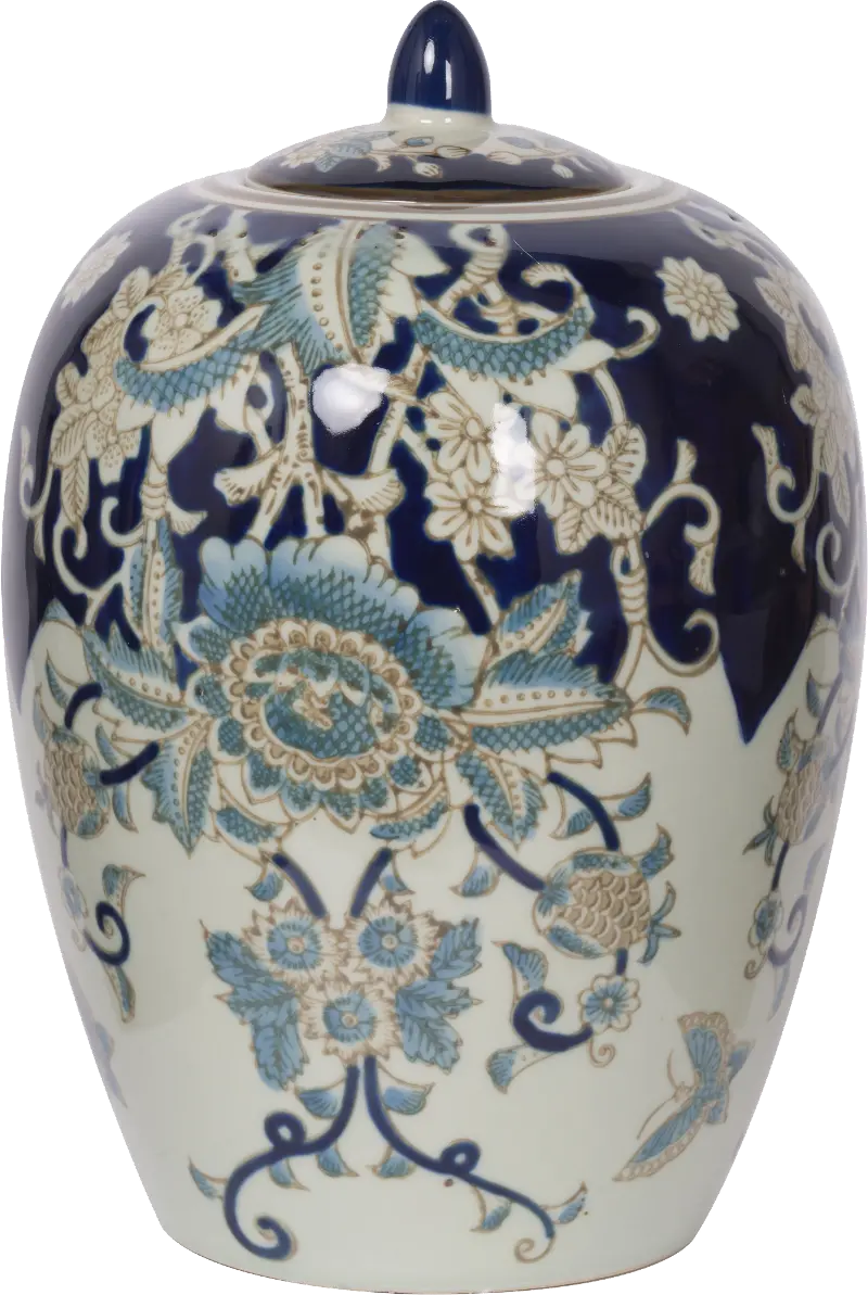 Blue and White Floral Vase with Lid