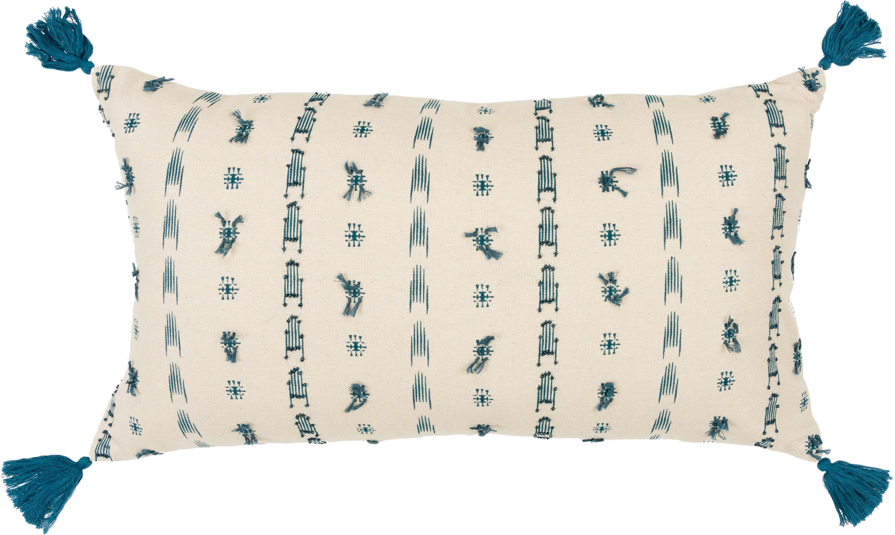 Natural and Teal Cotton Throw Pillow with Tassels-1