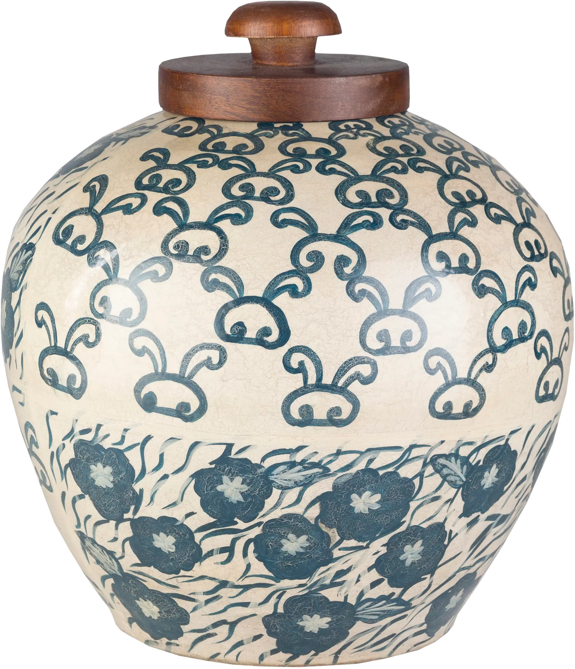 FTN-002/NAVYJAR 12  Beige and Navy Blue Terracotta Jar with Wood Lid-1