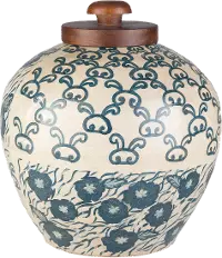 FTN-002/NAVYJAR 12  Beige and Navy Blue Terracotta Jar with Wood Lid