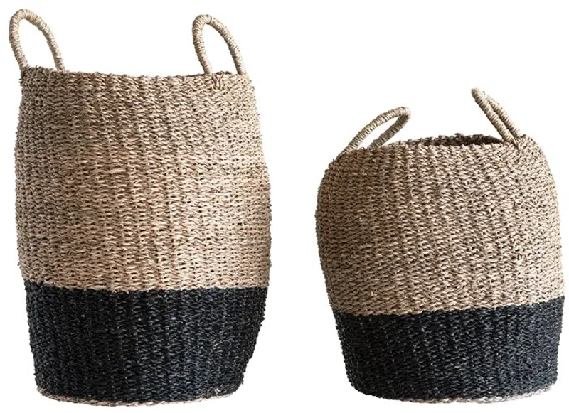 15 Inch Natural and Black Woven Sea Grass Basket with Handles