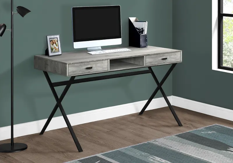 Gray Wood and Black Metal Desk