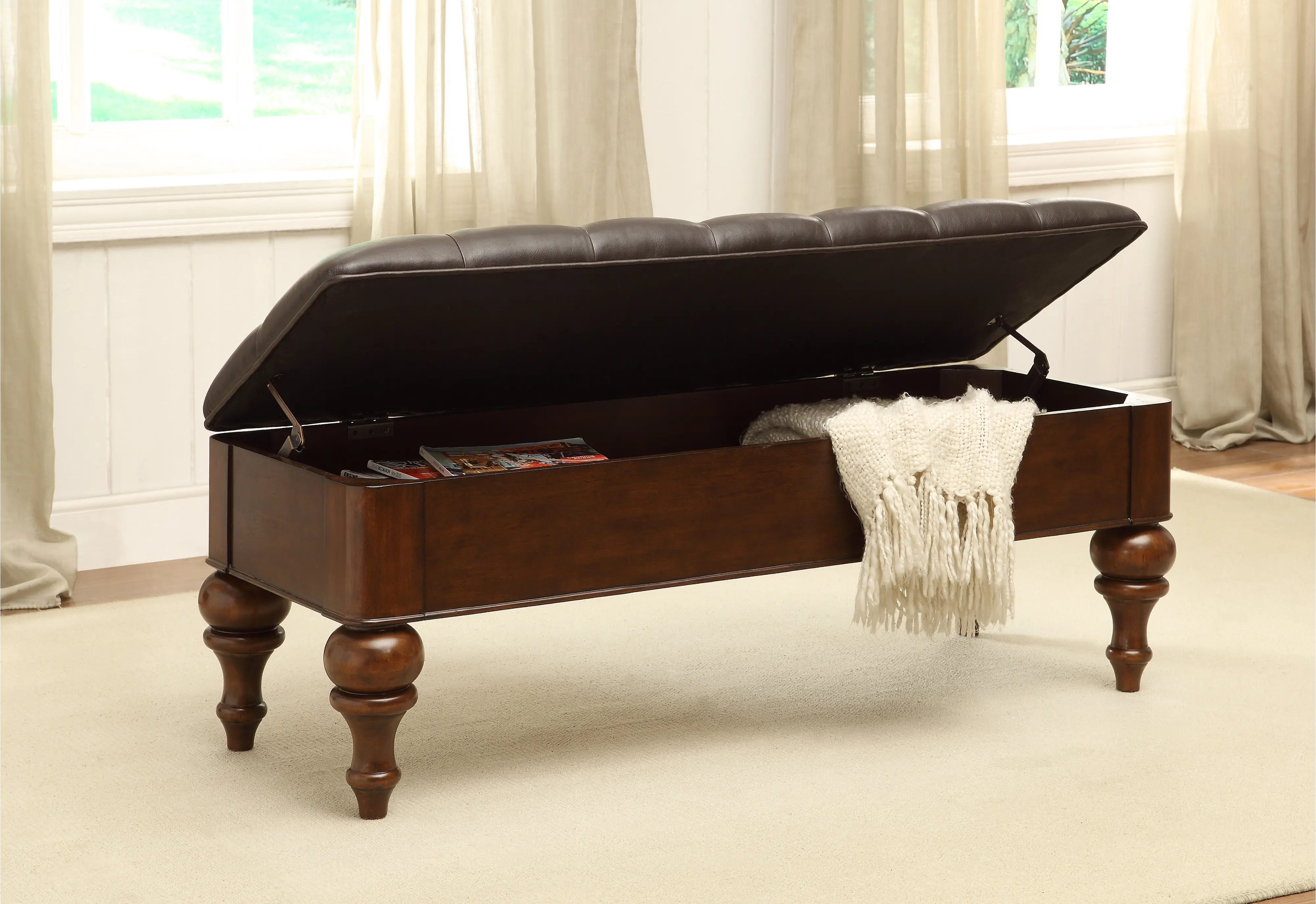56313/BENCHFAUXLEATH Traditional Brown Storage Bench with Dark Brown Faux Leather Cushion-1