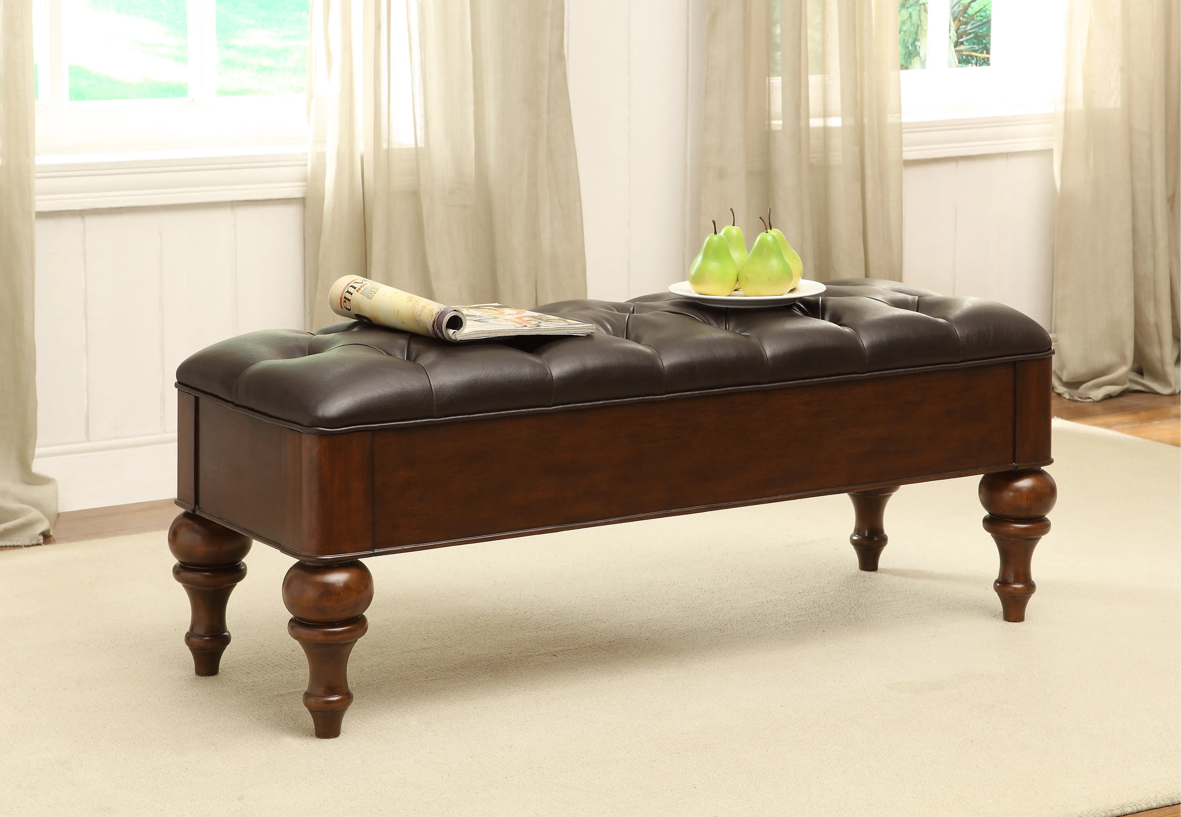 56313/BENCHFAUXLEATH Traditional Brown Storage Bench with Dark Brown Faux Leather Cushion-2