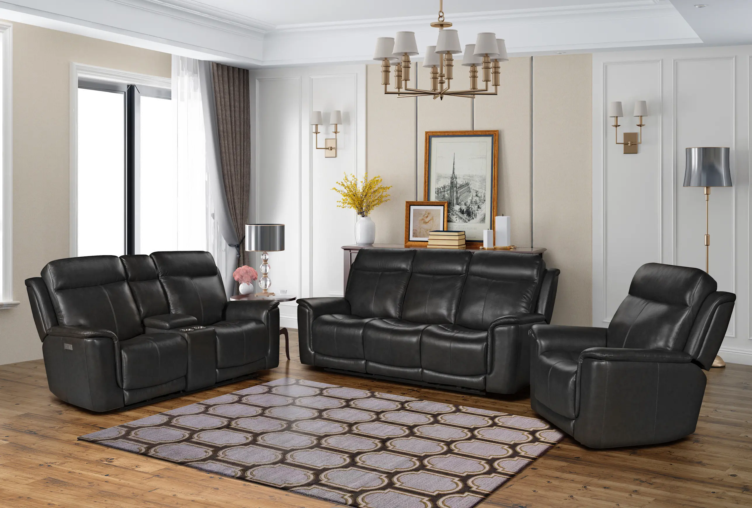 Burbank Smokey Gray Leather Triple Power Reclining Sofa-1