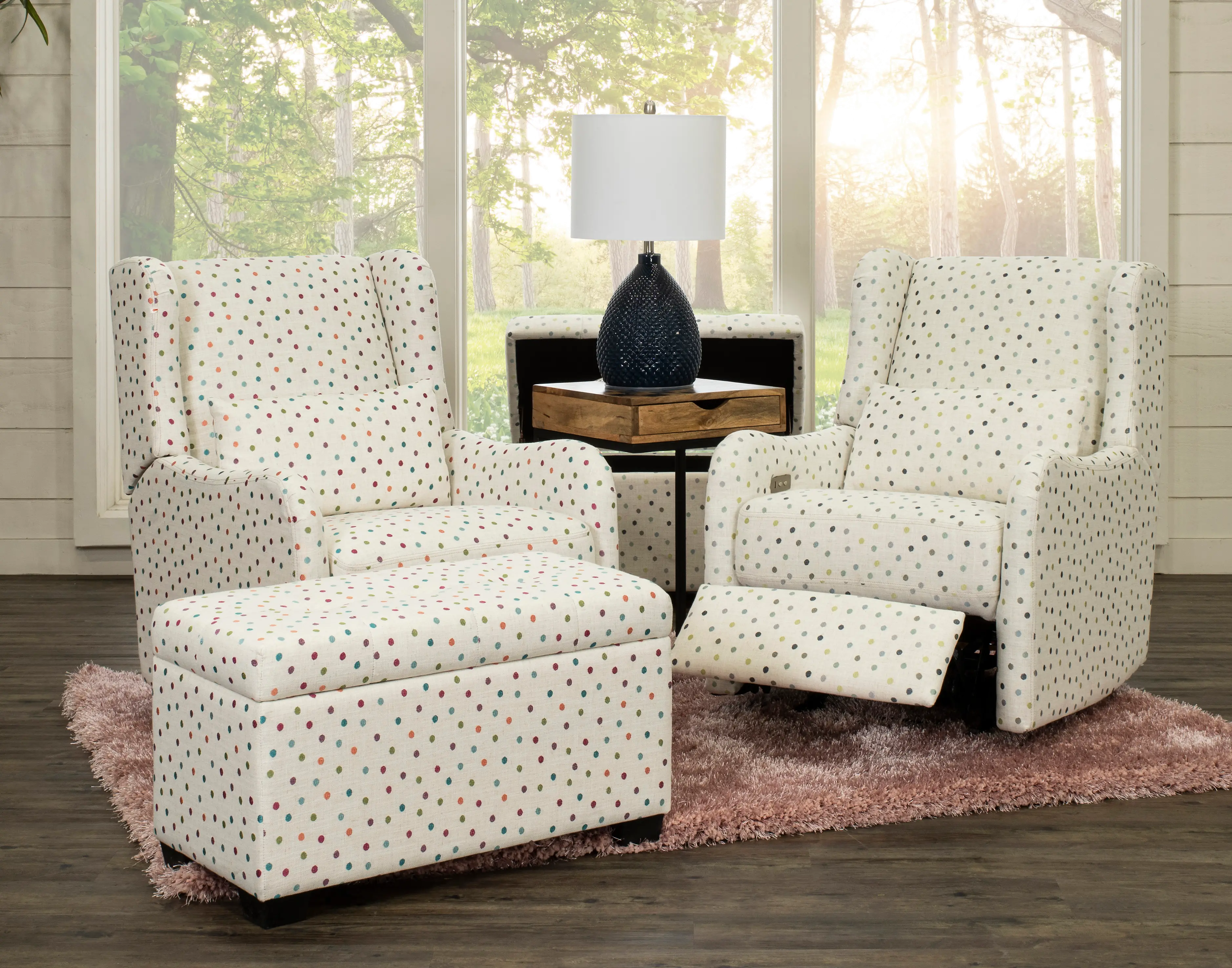 Dots Cream, Green and Blue Polka Dot Power Glider Recliner-8